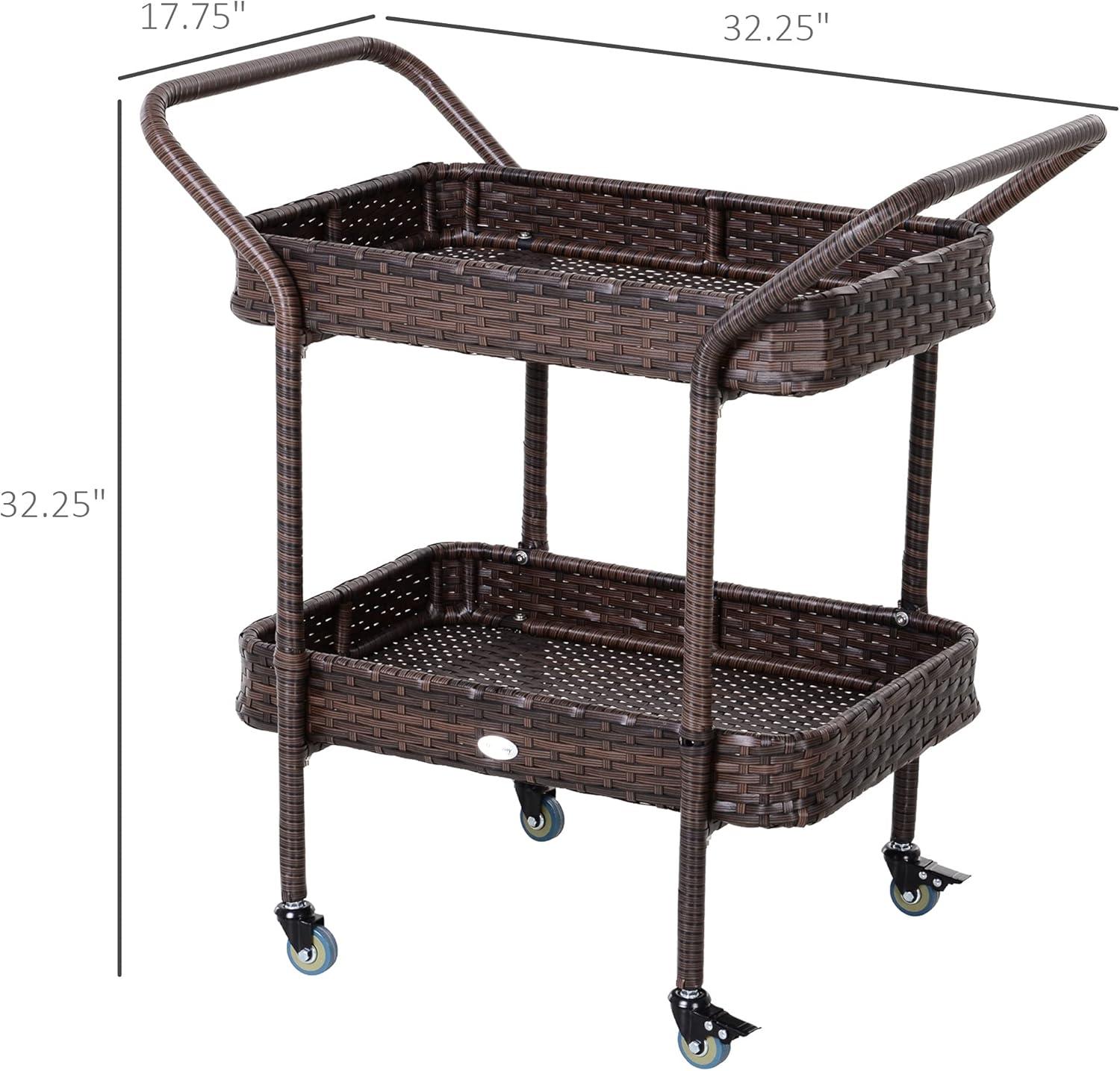 Outsunny Rattan Wicker Serving Cart with 2-Tier Open Shelf, Outdoor Wheeled Bar Cart with Brakes for Poolside, Garden, Patio