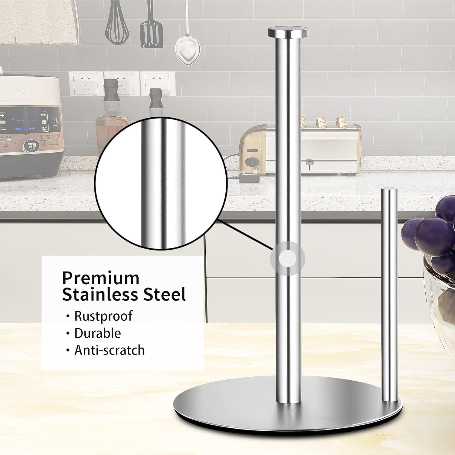 Stylish NEWKBO Stainless Steel Vertical Paper Towel Holder with Easy Tear Design  Modern Countertop Stand measuring 12.2-inch in Height and 6.7-inch in Diameter Base  Sleek Black Finish