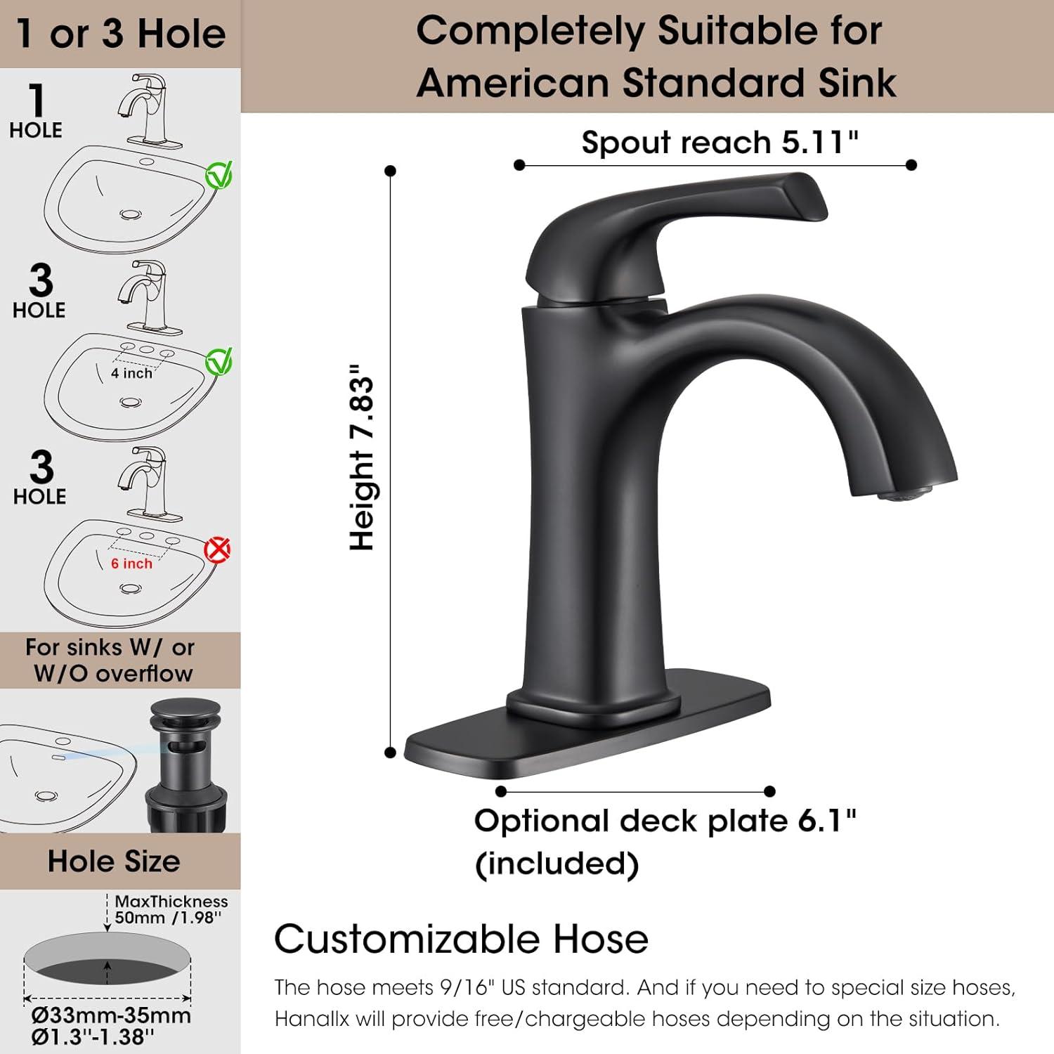 Matte Black Brass Single Handle Bathroom Faucet with Drain Kit