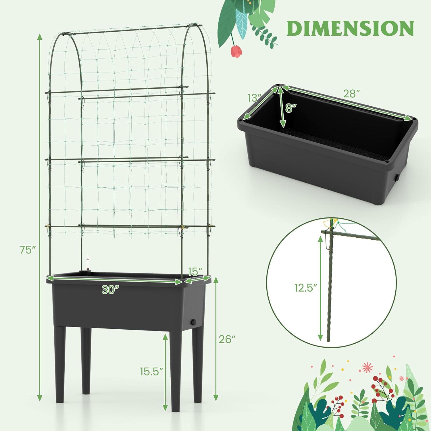 Tangkula Raised Garden Bed with Trellis Self-Watering Planter Bed with Water Level Observer Drainage Holes Climbing Net & Detachable Legs