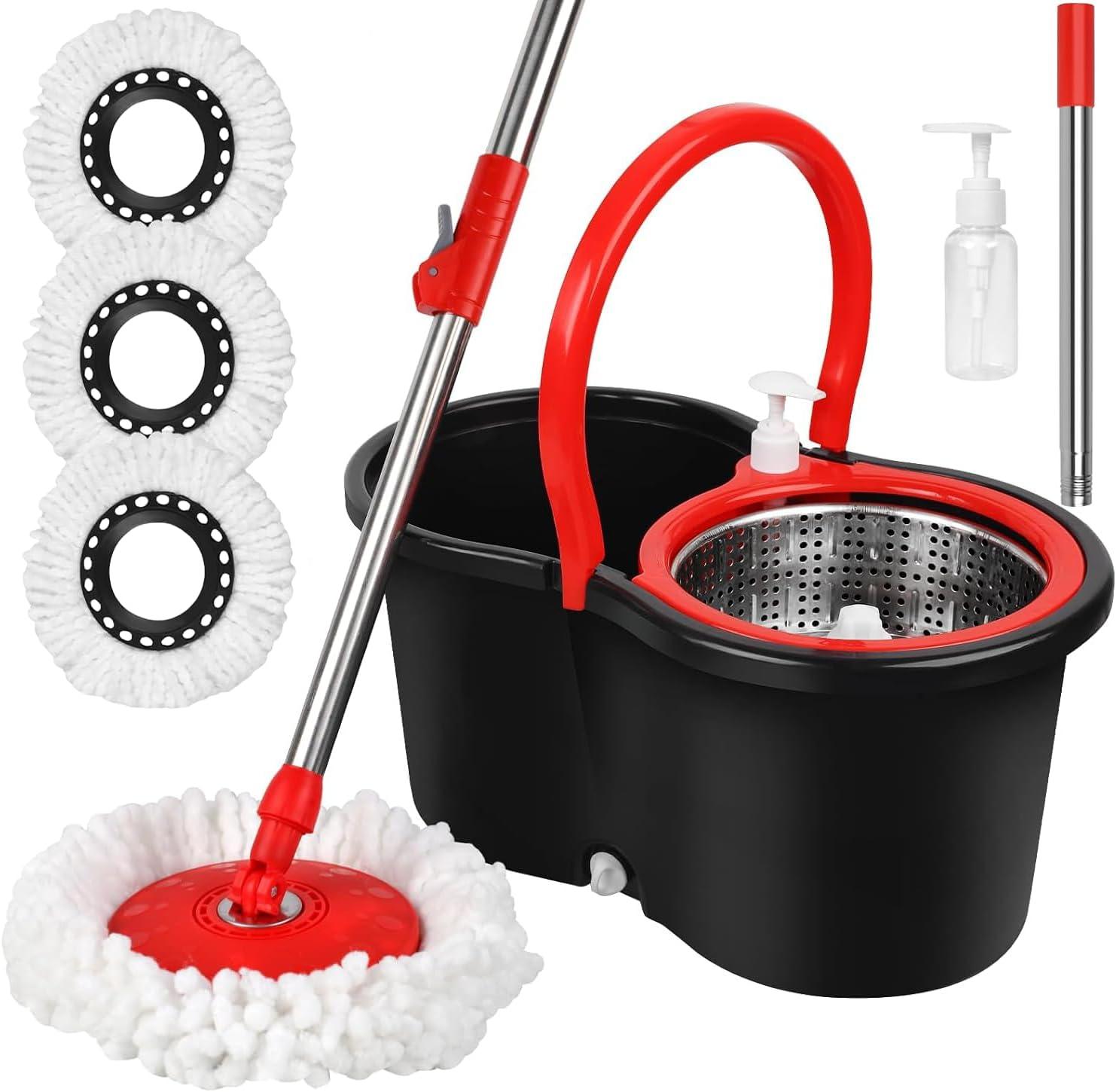 Spin Mop and Bucket Set, 360° Spin Mop and Bucket with Wringer Set and 3 Microfiber Mop Replacement Heads Refills, 61" Stainless Steel Extended Handle Spinning Mop Bucket System for Floor Cleaning