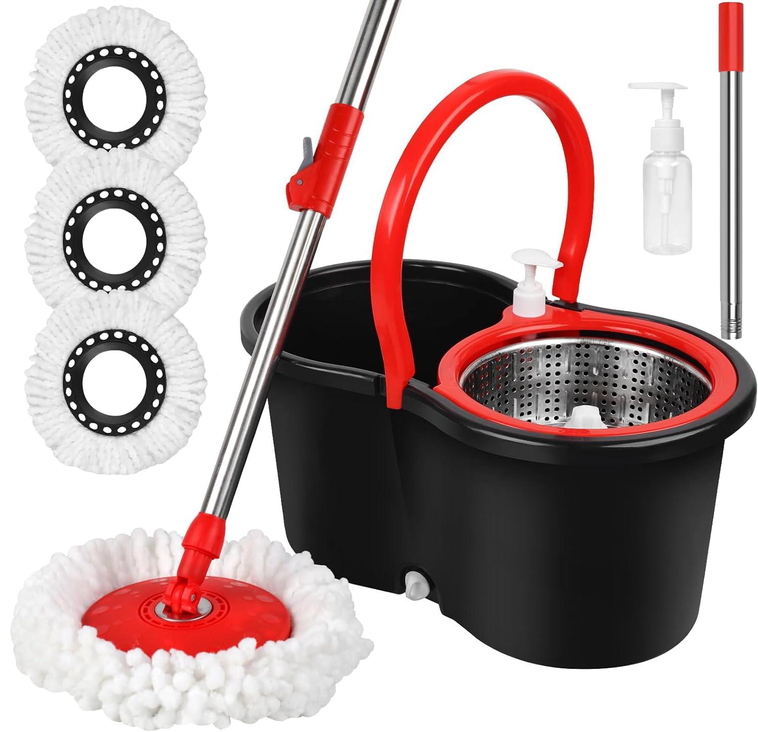 Spin Mop and Bucket Set, 360° Spin Mop and Bucket with Wringer Set and 3 Microfiber Mop Replacement Heads Refills, 61" Stainless Steel Extended Handle Spinning Mop Bucket System for Floor Cleaning