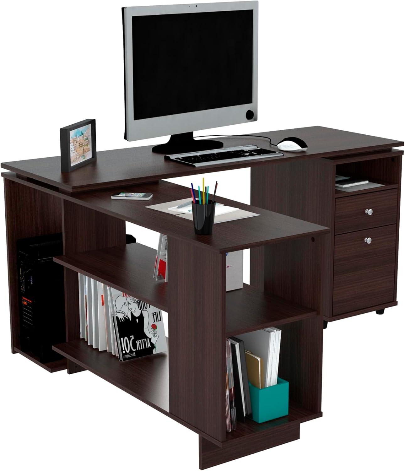 Inval L-Shaped Reversible Computer Desk, Espresso