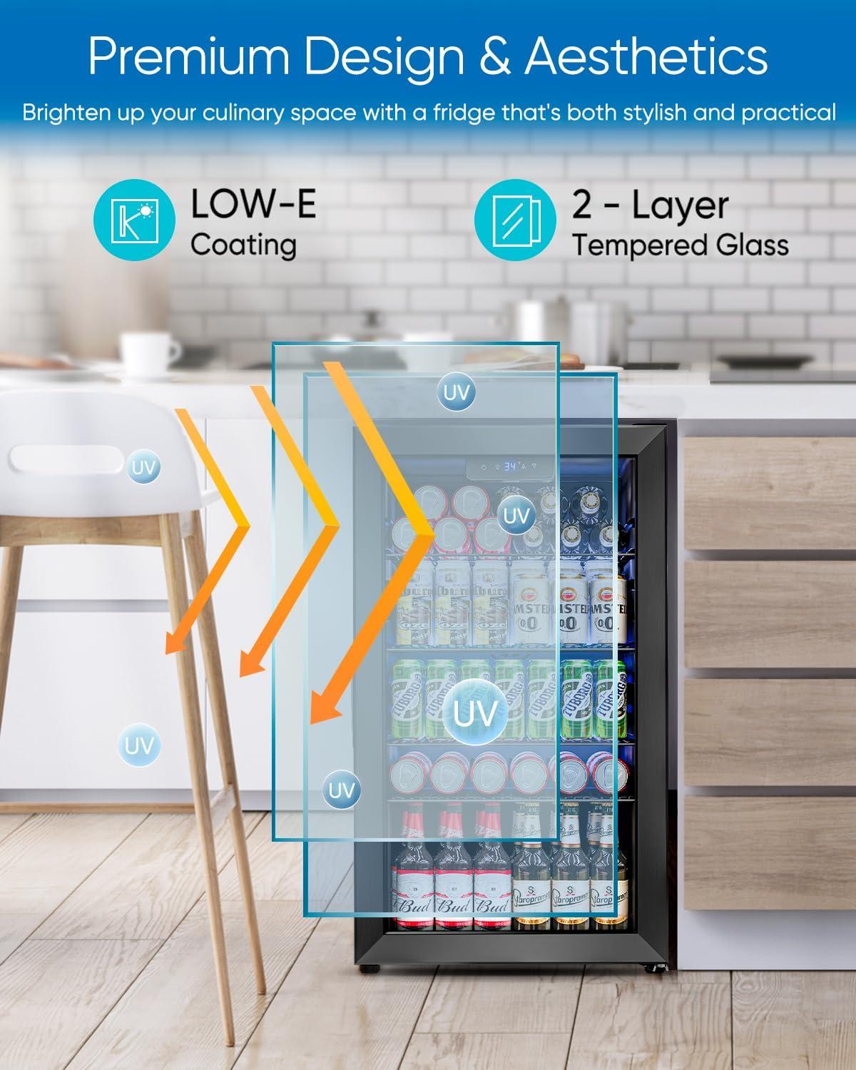 Ivation 126 Can Beverage Refrigerator, Freestanding Mini Fridge with Glass Door - Black