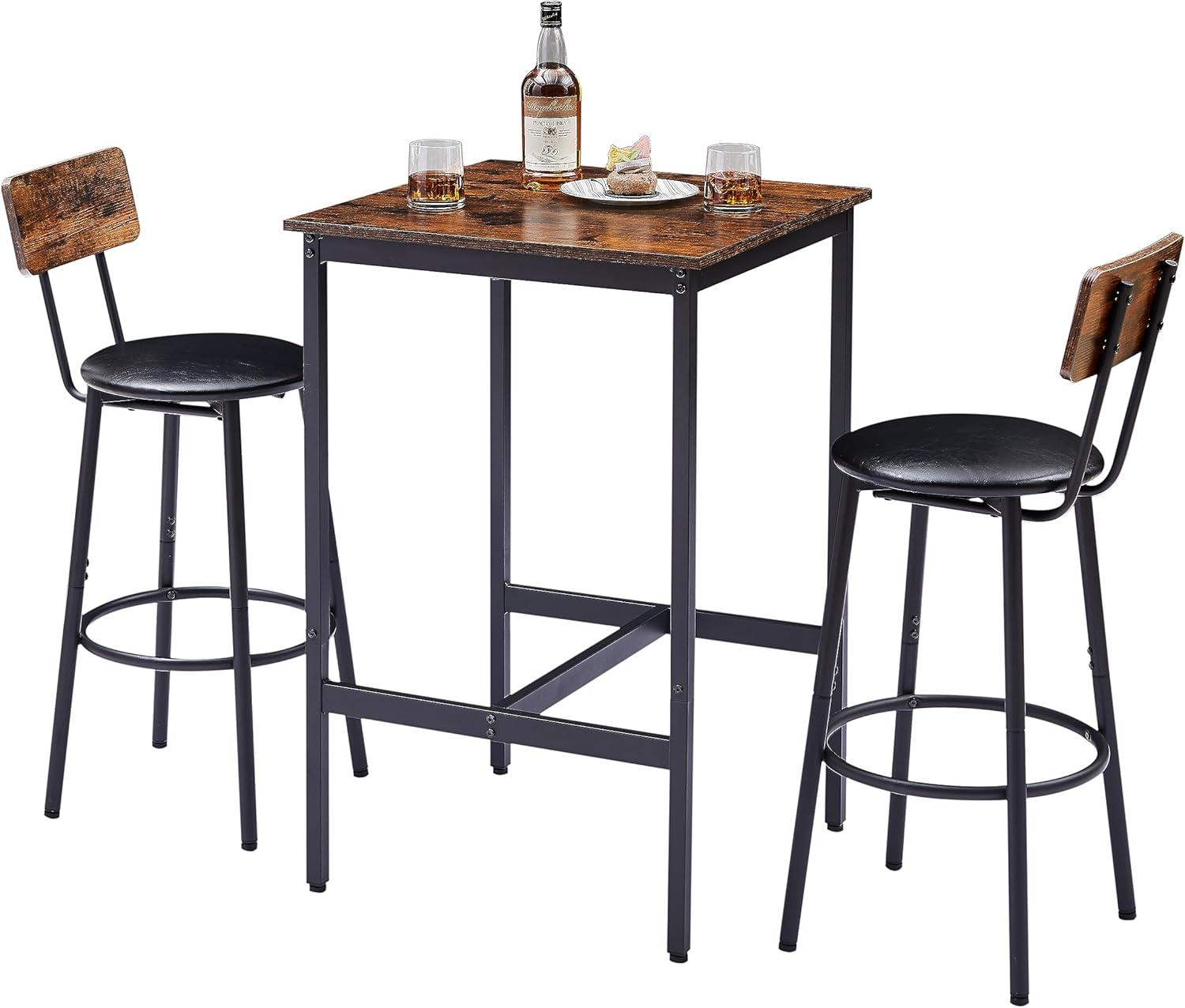 3 Pieces Bar Table Set, Counter High Pub Table Set with 2 Chairs, Wood Top Dining Table with 2 Backrest Stools, Saving Space Kitchen Table & Chair Set for Bistro Apartment, Brown