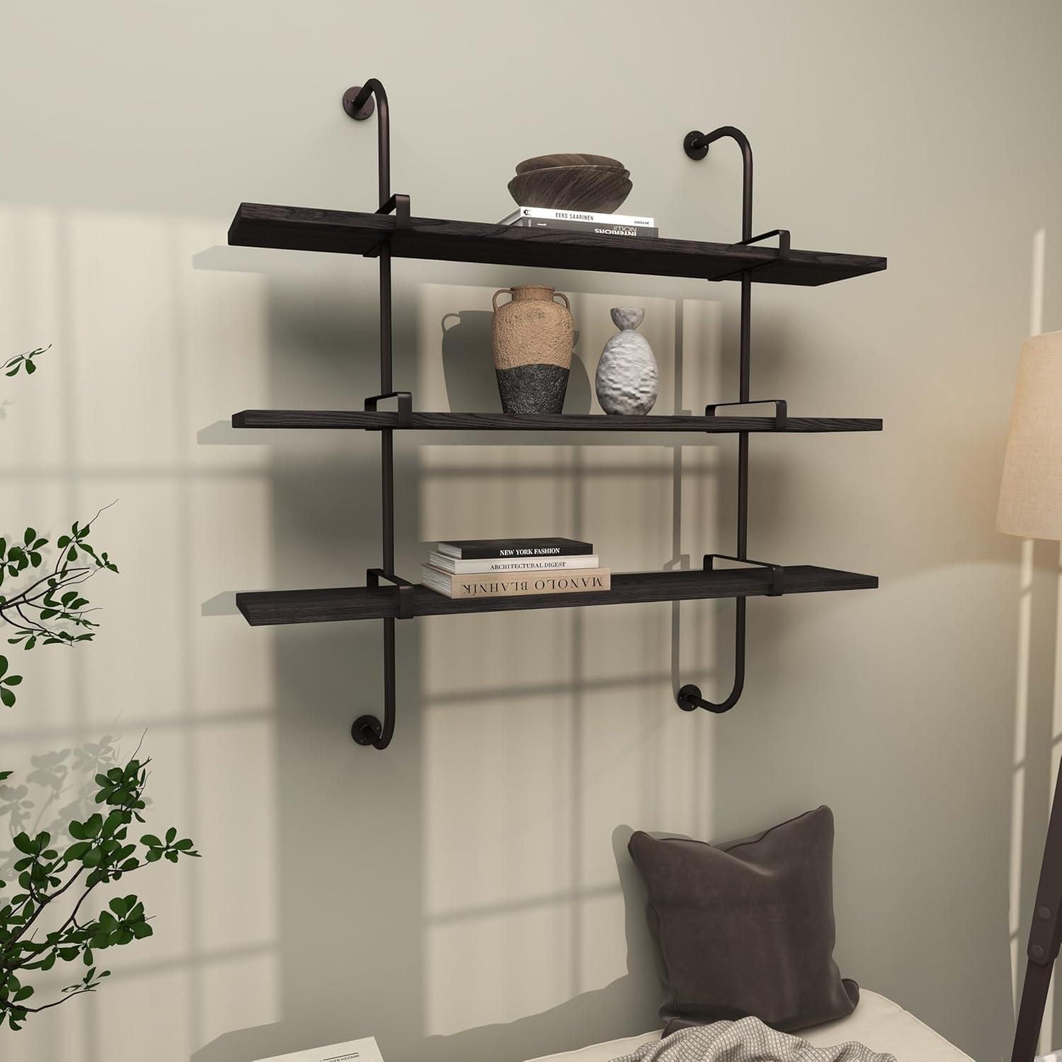 DecMode 38" x 10" 3-Tier Gray Wall Shelf with Black Metal Brackets