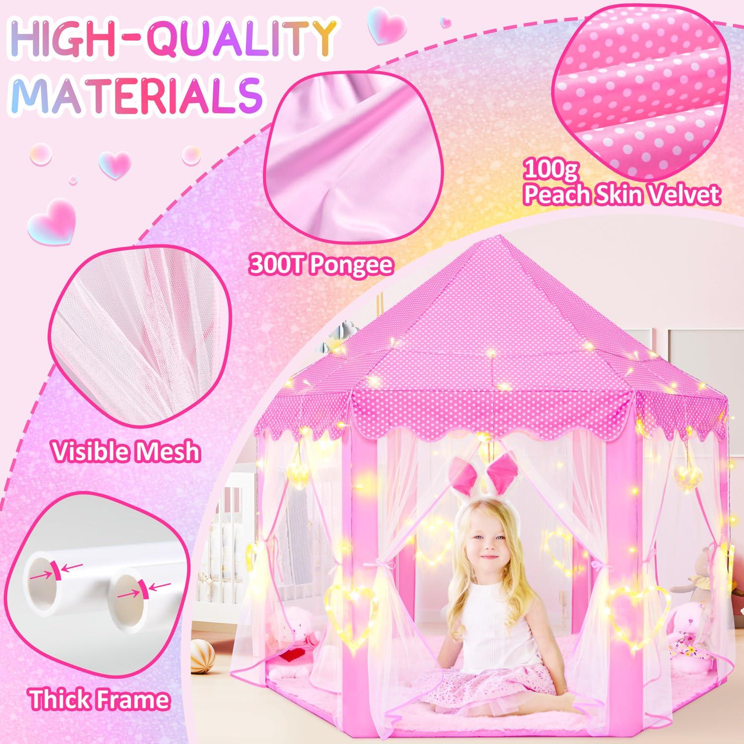 EVOIONOS Princess Tent for Girls, Kids Play Tent with LED Star Lights, Castle Playhouse for Children Indoor Outdoor Games, 55X53 inches, Pink