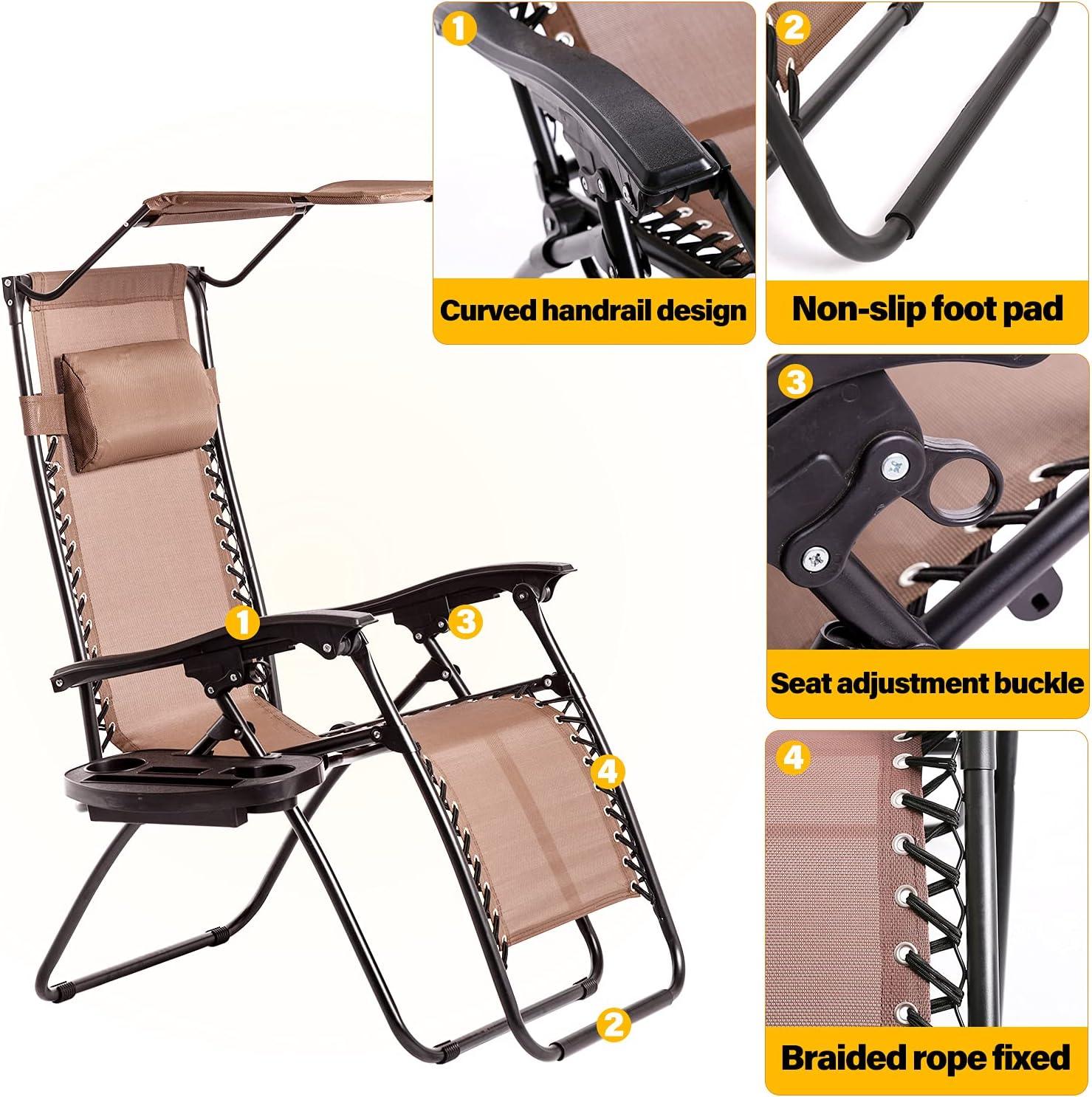 BestMassage Patio Chairs Lounge Chair Zero Gravity Chair 2 Pack Recliner W/Folding Canopy Shade and Cup Holder for Outdoor Funiture