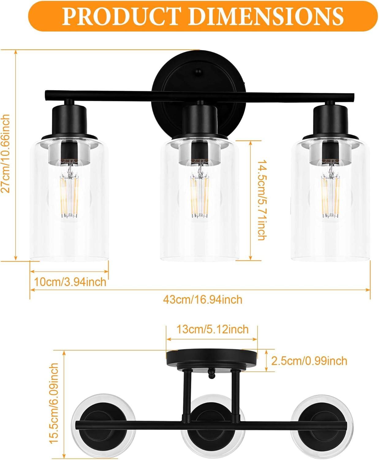 3-Light Bathroom Light Fixtures Bathroom Vanity Lights with Clear Glass Shades Matte Black Bathroom Light Fixtures over mirror for Mirror Living Room Cabinet Bedroom Porch