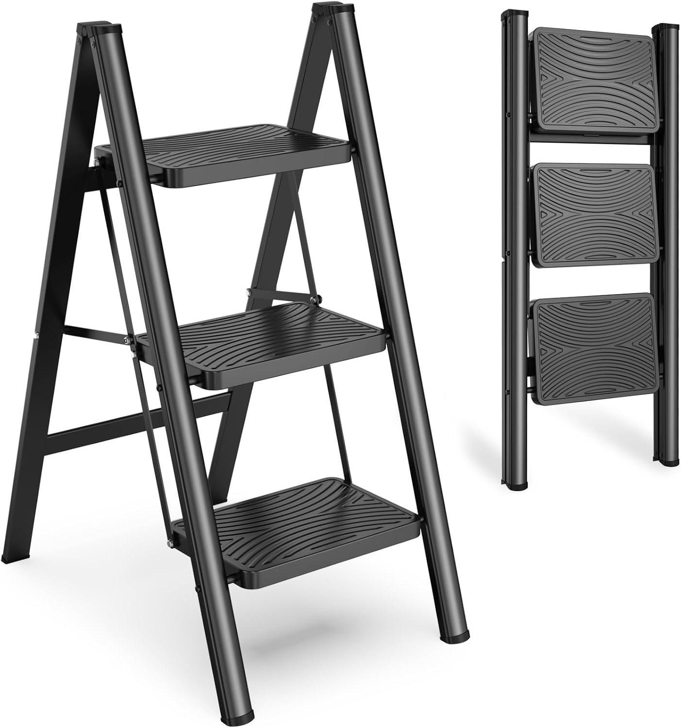 Black 3-Step Folding Ladder with Anti-Slip Pedals