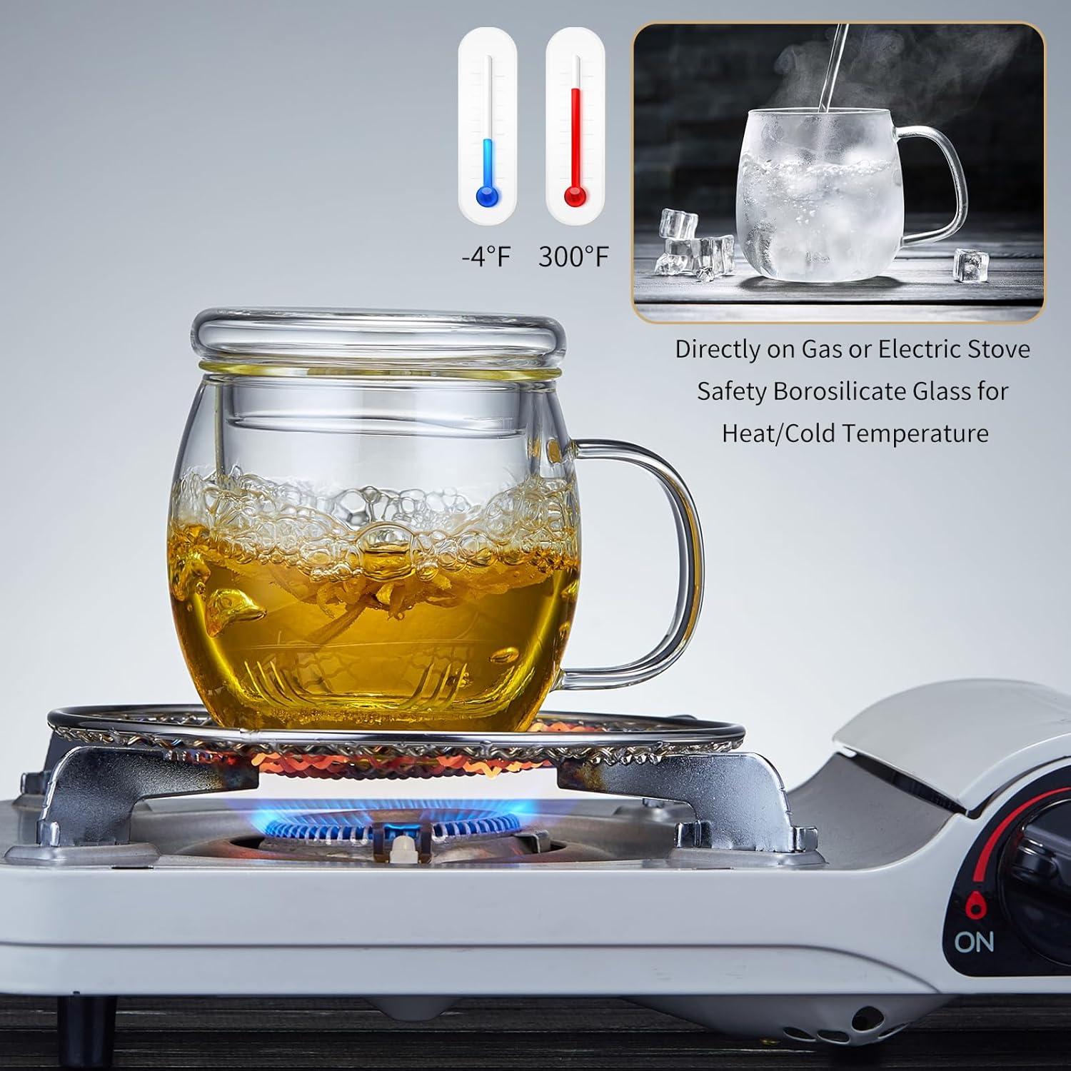 Glass Tea Cup with Infuser and Lid, 17OZ Large Borosilicate Glass Tea Cup with Strainer,Clear Glass Tea Mugs for Loose Leaf Tea,Blooming Tea,Tea Bag,Tea Cute Mushroom, Christmas gift