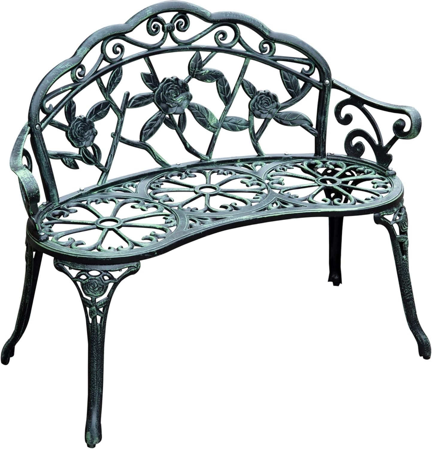 Outsunny Outdoor Bench, Cast Aluminum Outdoor Furniture, Metal Bench with Floral Rose Accent & Antique Finish, Green