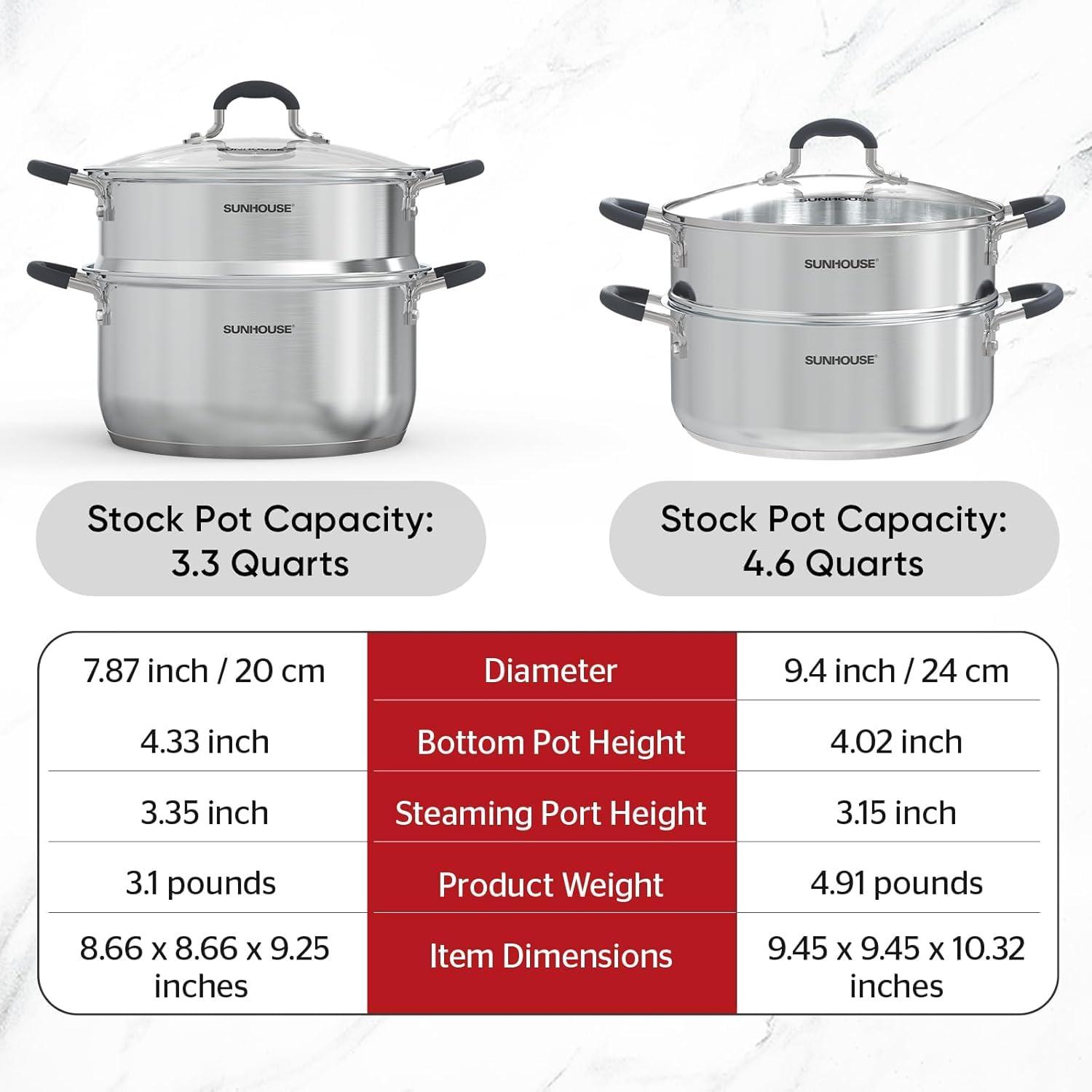 Sunhouse - 3.1 Quarts Steamer Pots With Lid 2-Tier Multipurpose Stainless Steel Steaming Pot Cookware For Vegetable, Dumpling, Sauce, Food - Triple Bottom, Measurement Line