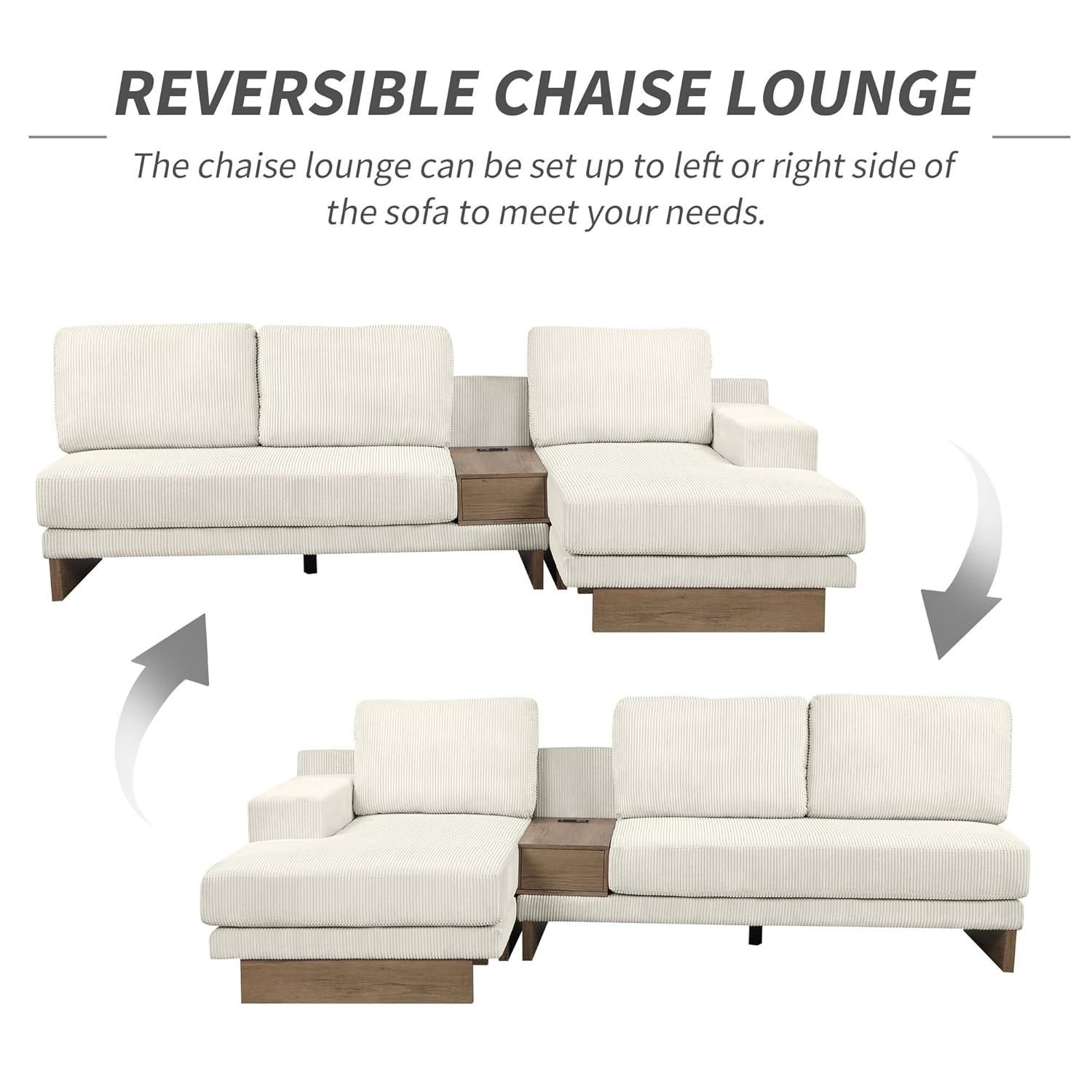 114" L-shaped Sofa Sectional Sofa with Two USB Ports and Two Power Sockets, A Storage Drawer and A Reversible Chaise Lounge for Living Room