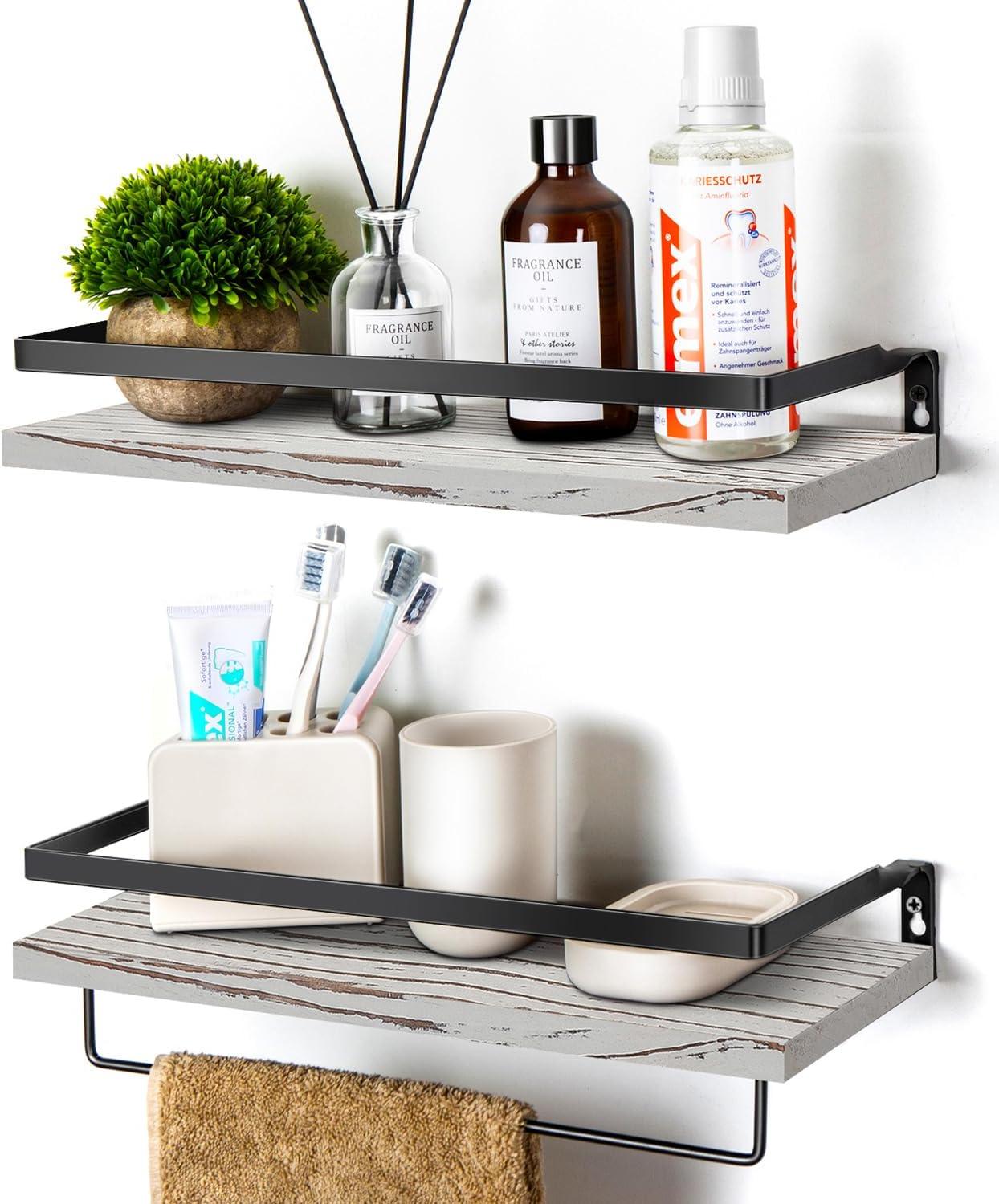 Rustic Grey Pine Wood Floating Wall Shelves with Towel Holder