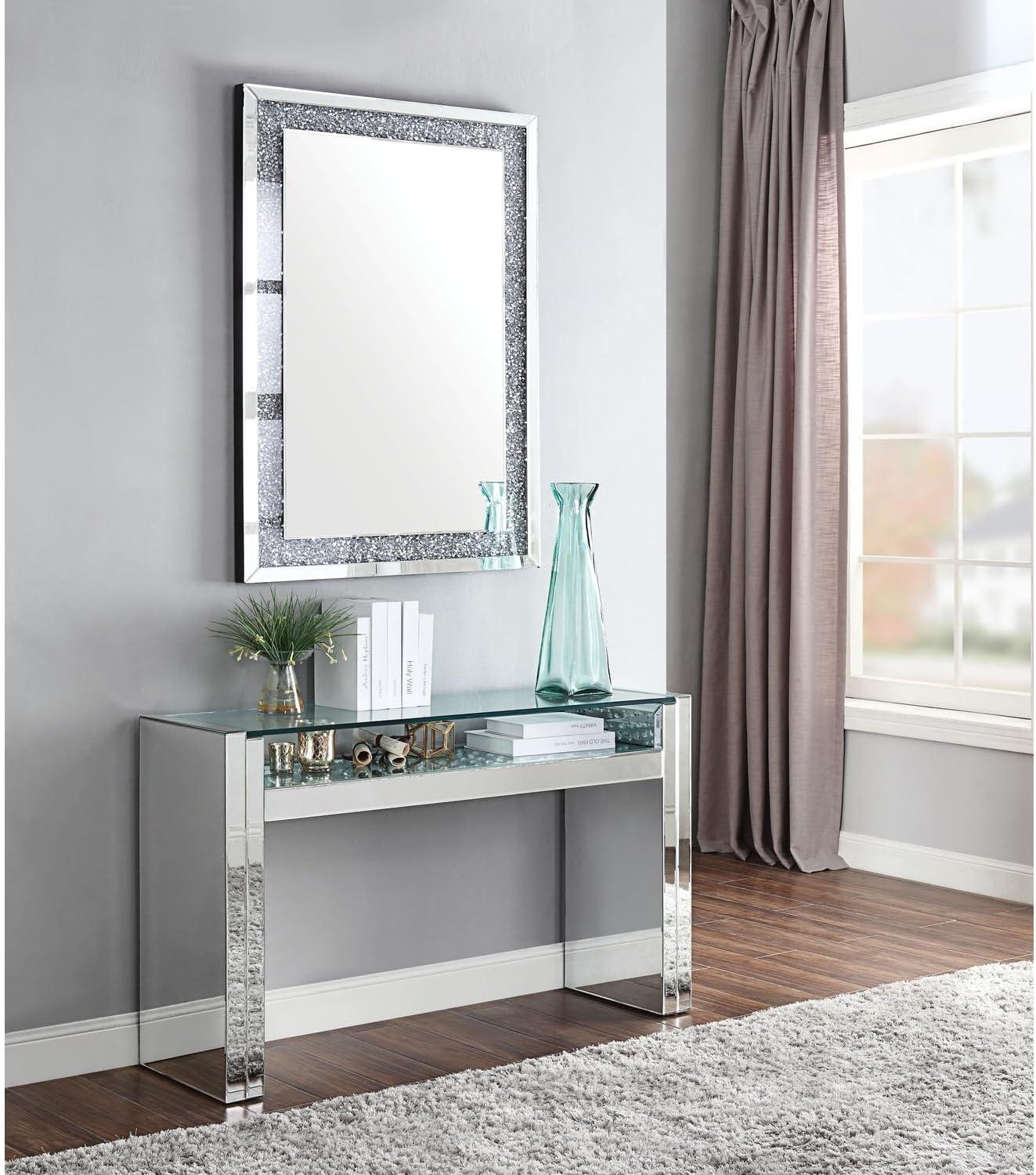 Benjaza 31.69" Studded Faux Crystals and Glass Accent Table in Clear/White