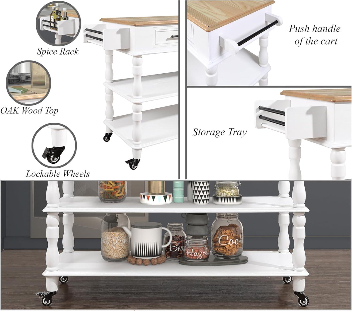 White Solid Oak Wood Kitchen Cart with Spice Rack and Storage