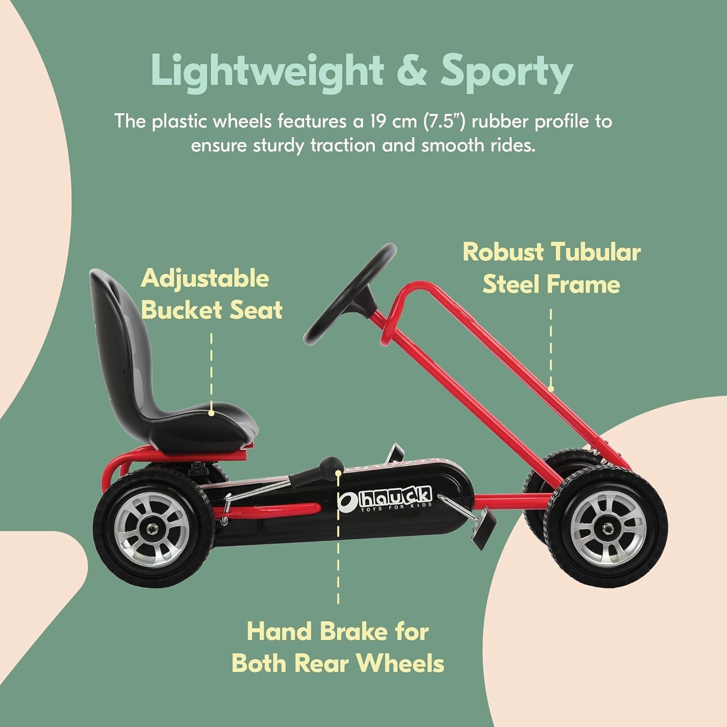 hauck Lightning Ride On Pedal Go Kart Toy with Ergonomic Adjustable Bucket Seat, Handbrake, and Sharp Handling for Boys and Girls, Red