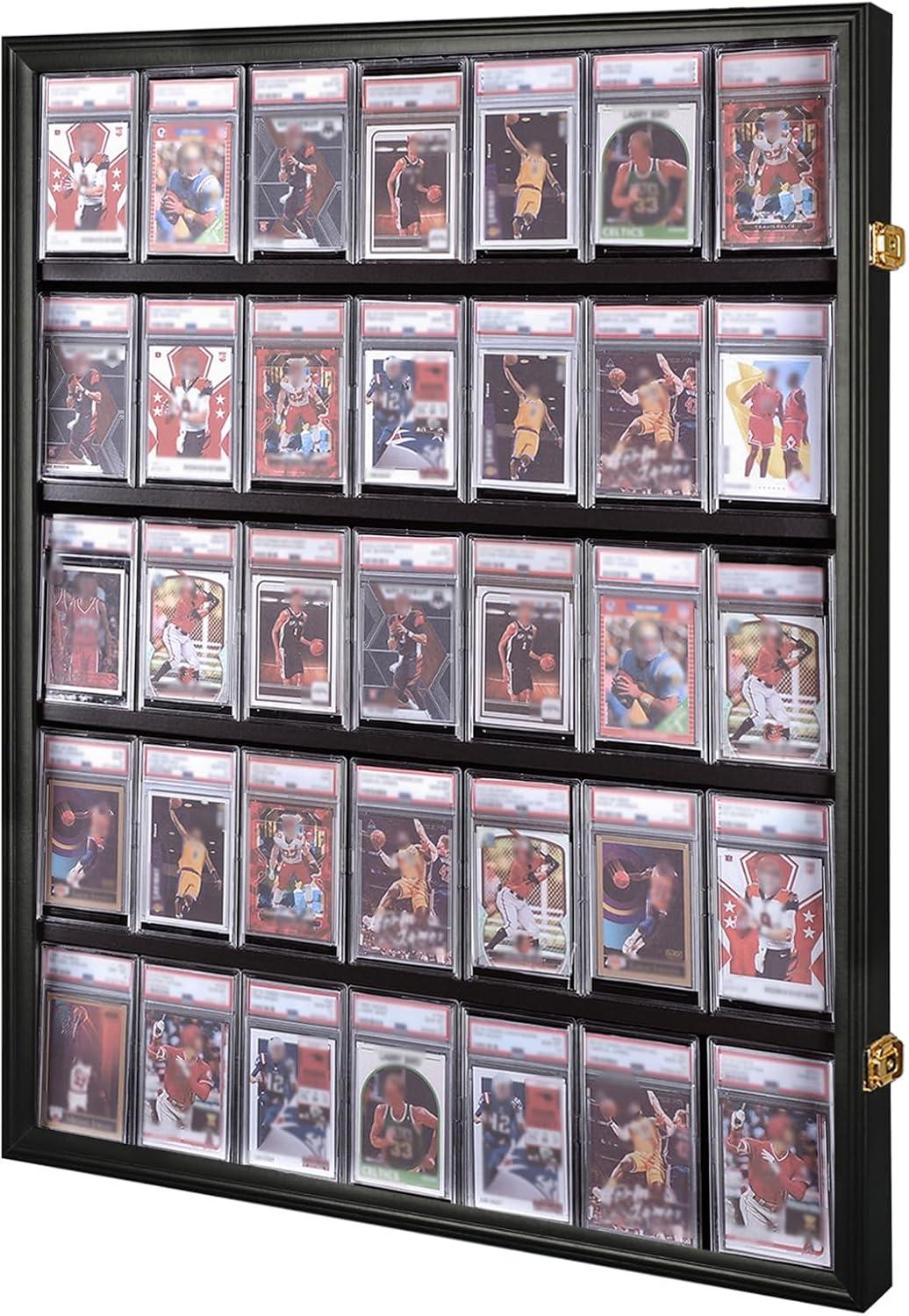 Estuche para Exhibición de Tarjetas Deportivas de 35 Grados: Marco de Exhibición de Tarjetas de Béisbol con Protección UV Gabinete de Pared con Cerradura Transparente para Tarjetas Coleccionables de Baloncesto Negro Vertical