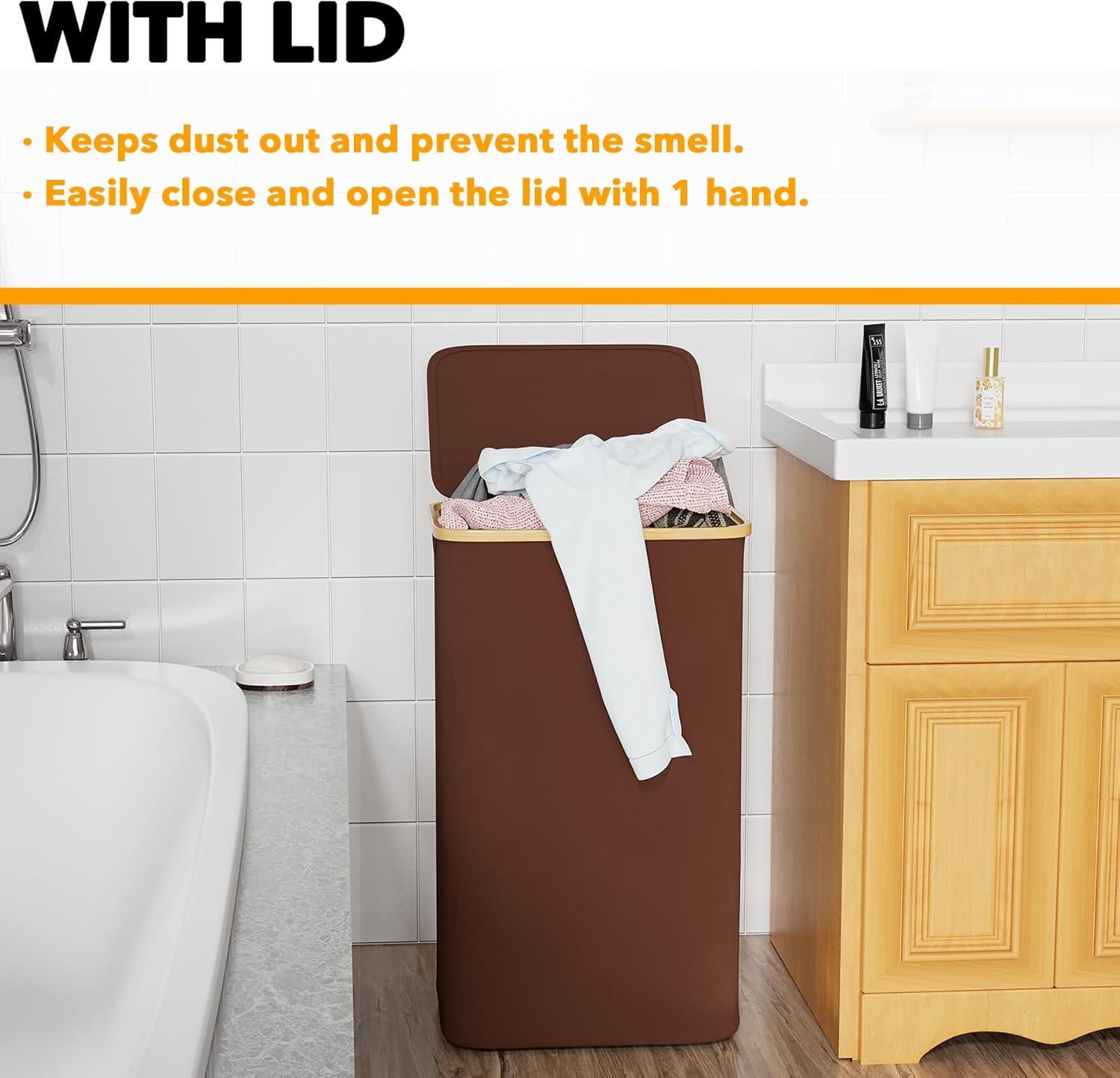 SpaceAid Tall Laundry Hamper with Lid – 110L Collapsible Clothes Basket with Bamboo Handles for Bedroom, Bathroom or Dorm