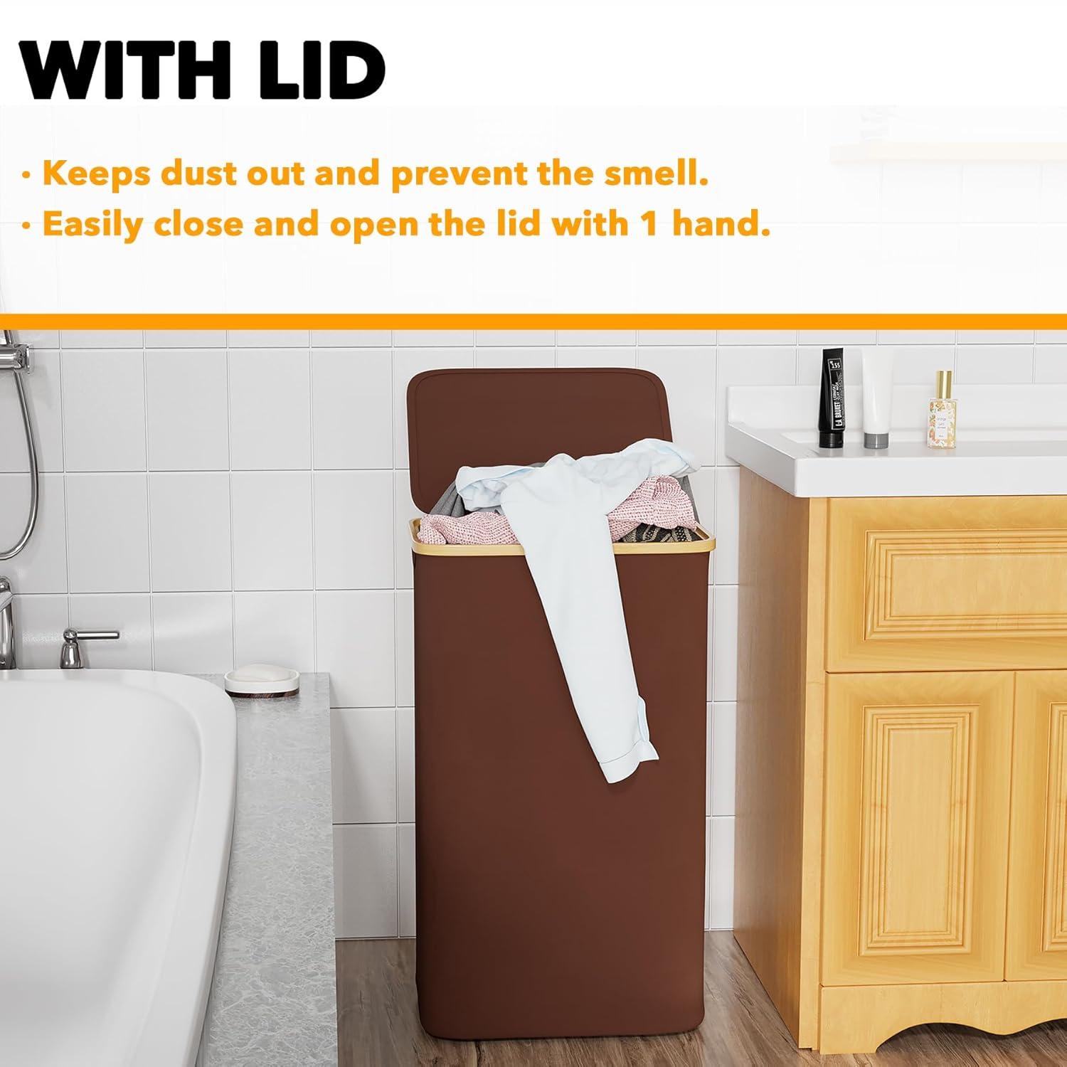 SpaceAid Tall Laundry Hamper with Lid – 110L Collapsible Clothes Basket with Bamboo Handles for Bedroom, Bathroom or Dorm