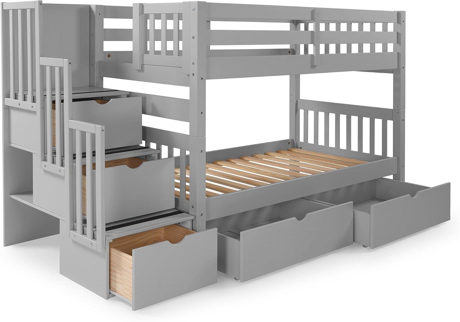 Bedz King Stairway Bunk Beds Twin over Twin with 3 Drawers in the Steps and 2 Under Bed Drawers, Dark Cherry