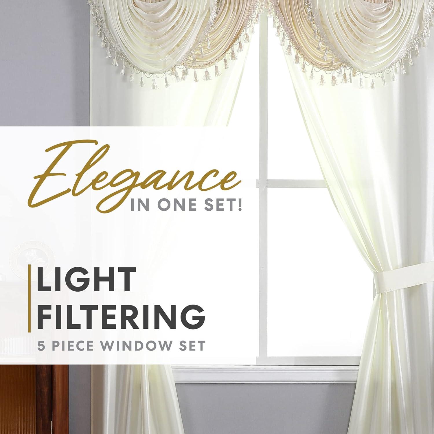 Regal Home Collections Amore Curtains 5-Piece Window Curtain Set - 54-Inch W x63-Inch L Panels with Attached Valance and 2 Tiebacks (Beige)