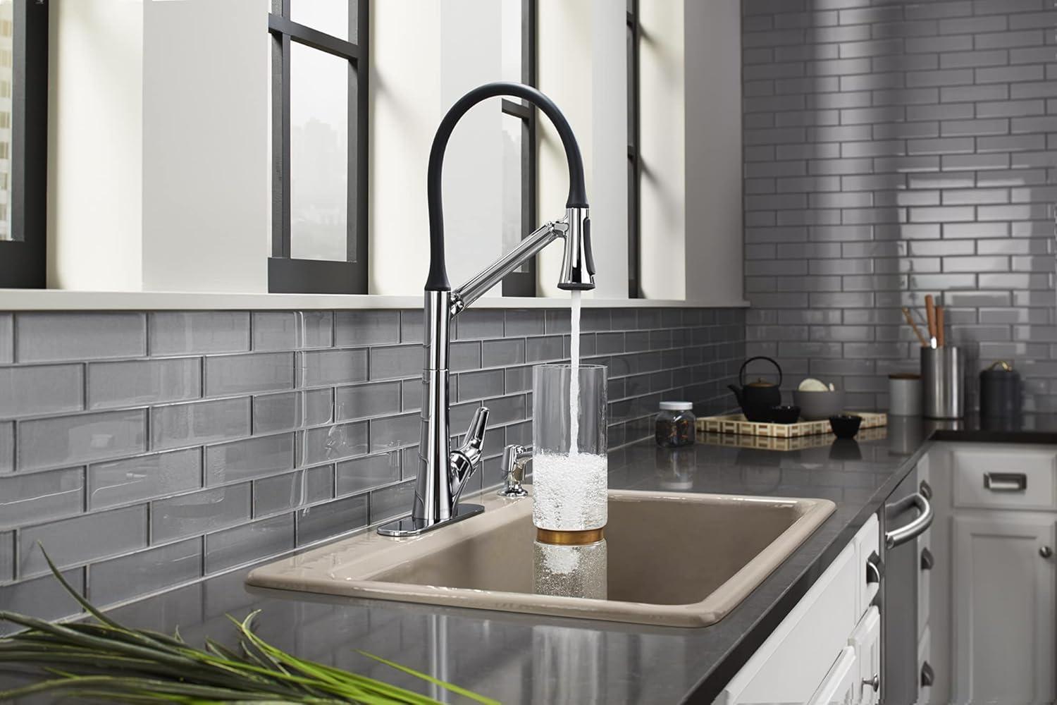 Polished Chrome Articulating Pull-Down Kitchen Faucet with Soap Dispenser