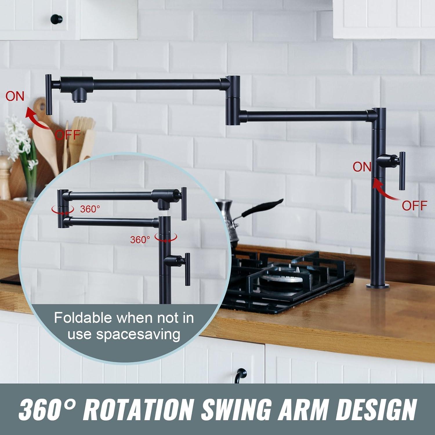 Pot Filler Faucet Wall Mount Kitchen Sink Faucet Stove Pot Filling Faucet with Double Joint Swing Arms Folding Faucet, Solid Brass Material, Lead-Free, Single Hole, Brushed Gold