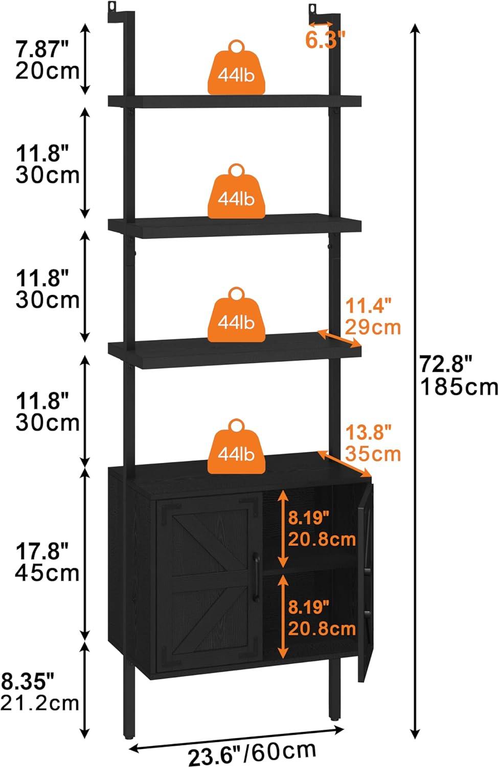 Black Industrial Ladder Bookshelf with Cabinet and Metal Frame