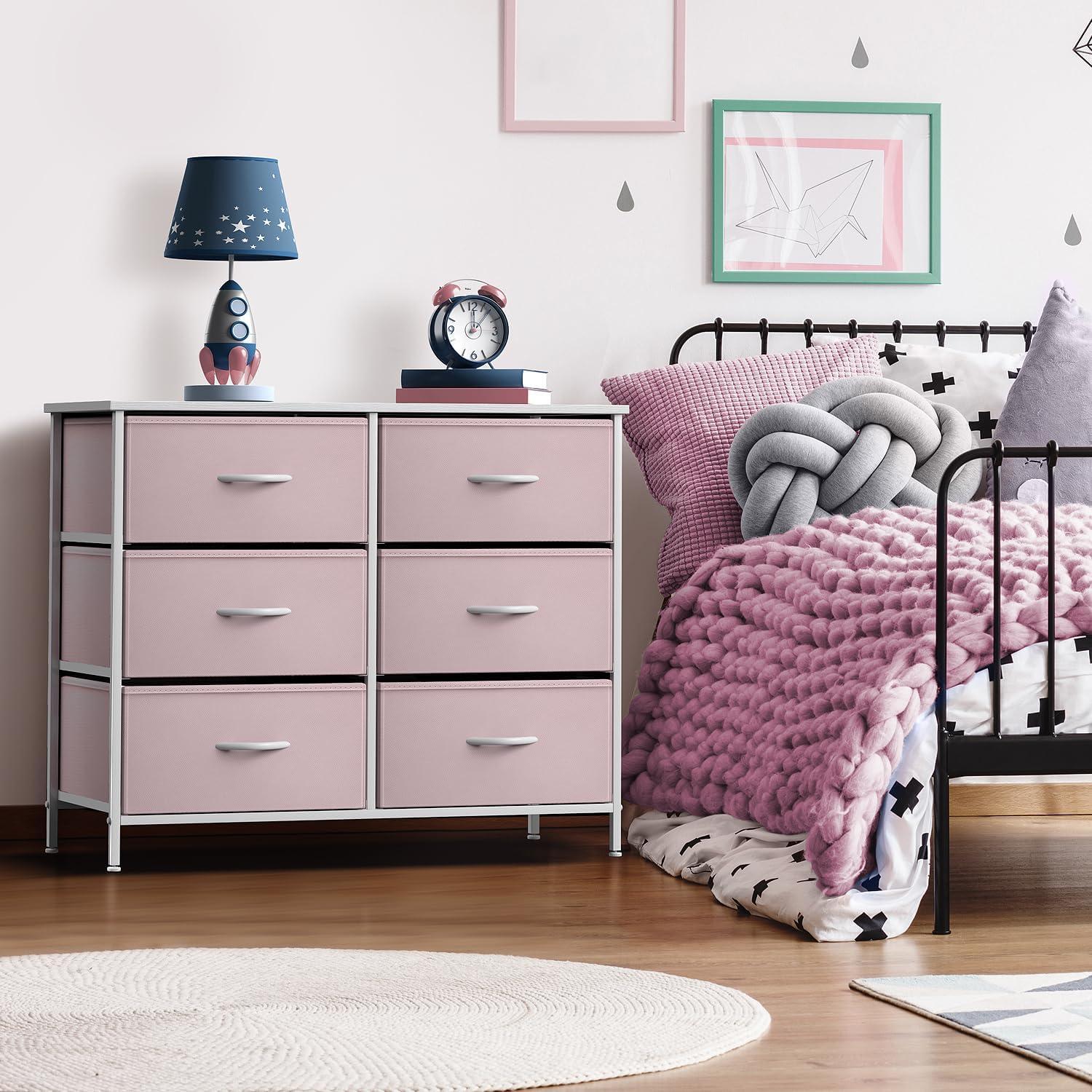 Pink 6-Drawer Fabric Dresser with Steel Frame and Wood Top