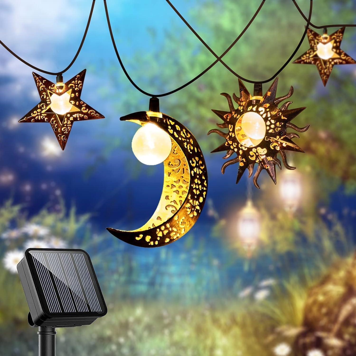 Solar Powered Warm White Star Moon Sun Outdoor Fairy Lights