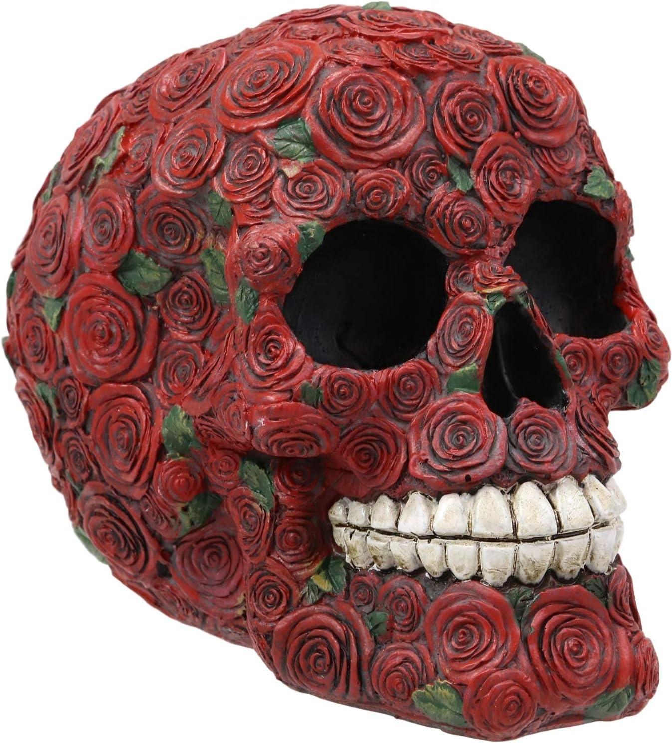 Day of The Dead Red Floral Roses With Green Petals Sugar Skull Figurine Decor