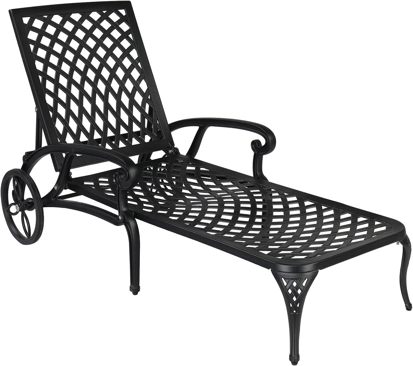 VINGLI Cast Aluminum Outdoor Chaise Lounge Chair with Wheels, Patio Chaise Lounge with 3-Position Adjustable Backrest, Outdoor Tanning Chair Patio Lounge Chair (Black, Without Cushion)