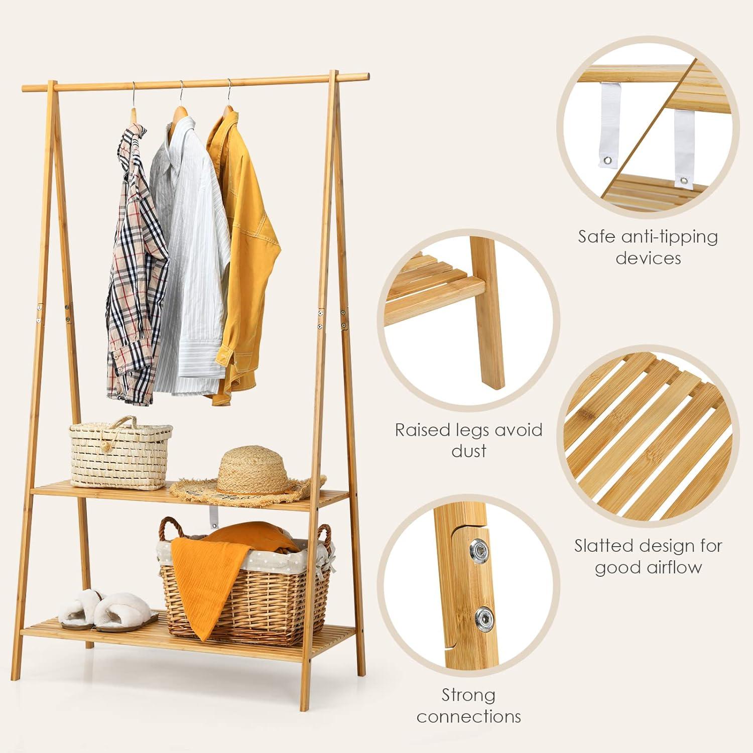 Natural Bamboo Freestanding Garment Rack with 2-Tier Shelves