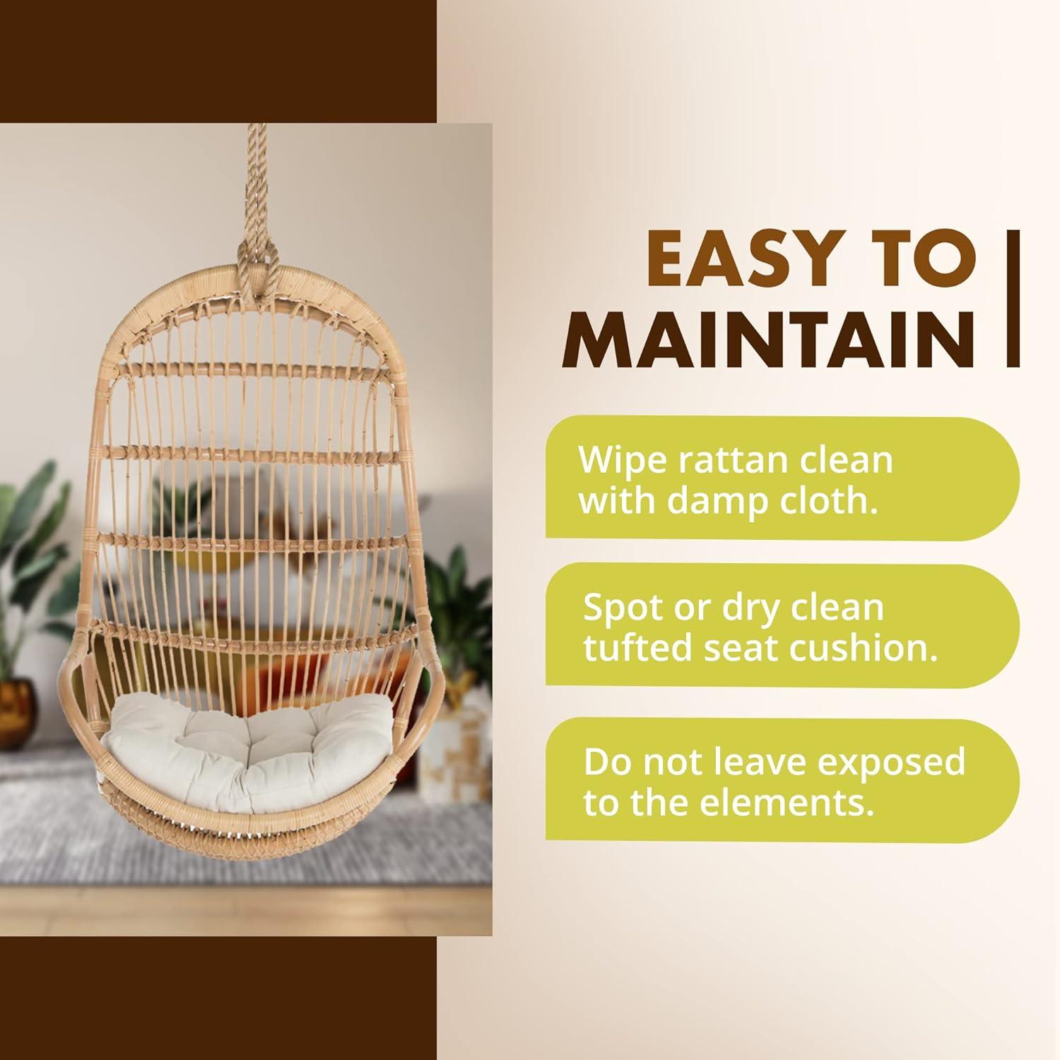 KOUBOO Hanging Rattan Swing Chair with Seat Cushion, Handwoven Natural Rattan Chair, Coastal Home Decor Furniture for Bedroom, Living Room, & Sun Room, Natural