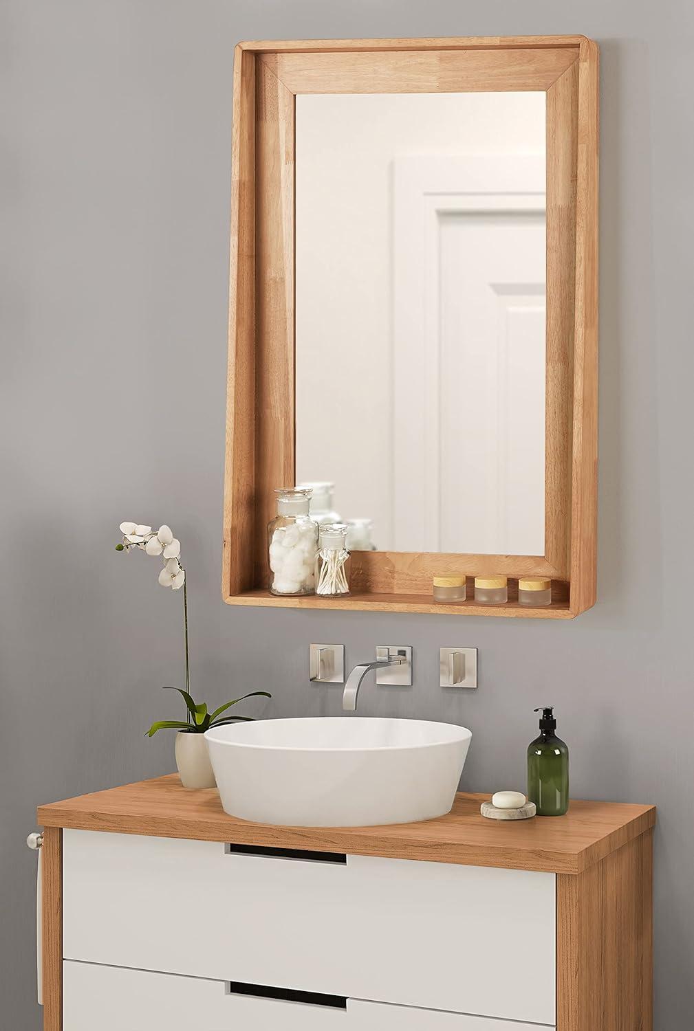 Natural Wood Rectangular Vanity Mirror with Shelf