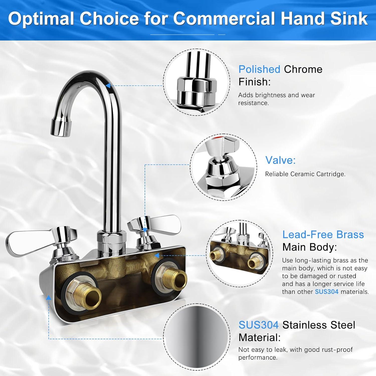 KWODE 4 Inch Center Commercial Hand Sink Faucet with 3-1/2”Gooseneck Spout, Dual Lever Handle Wall Mount Kitchen Sink Faucet, Brass Constructed, Chrome