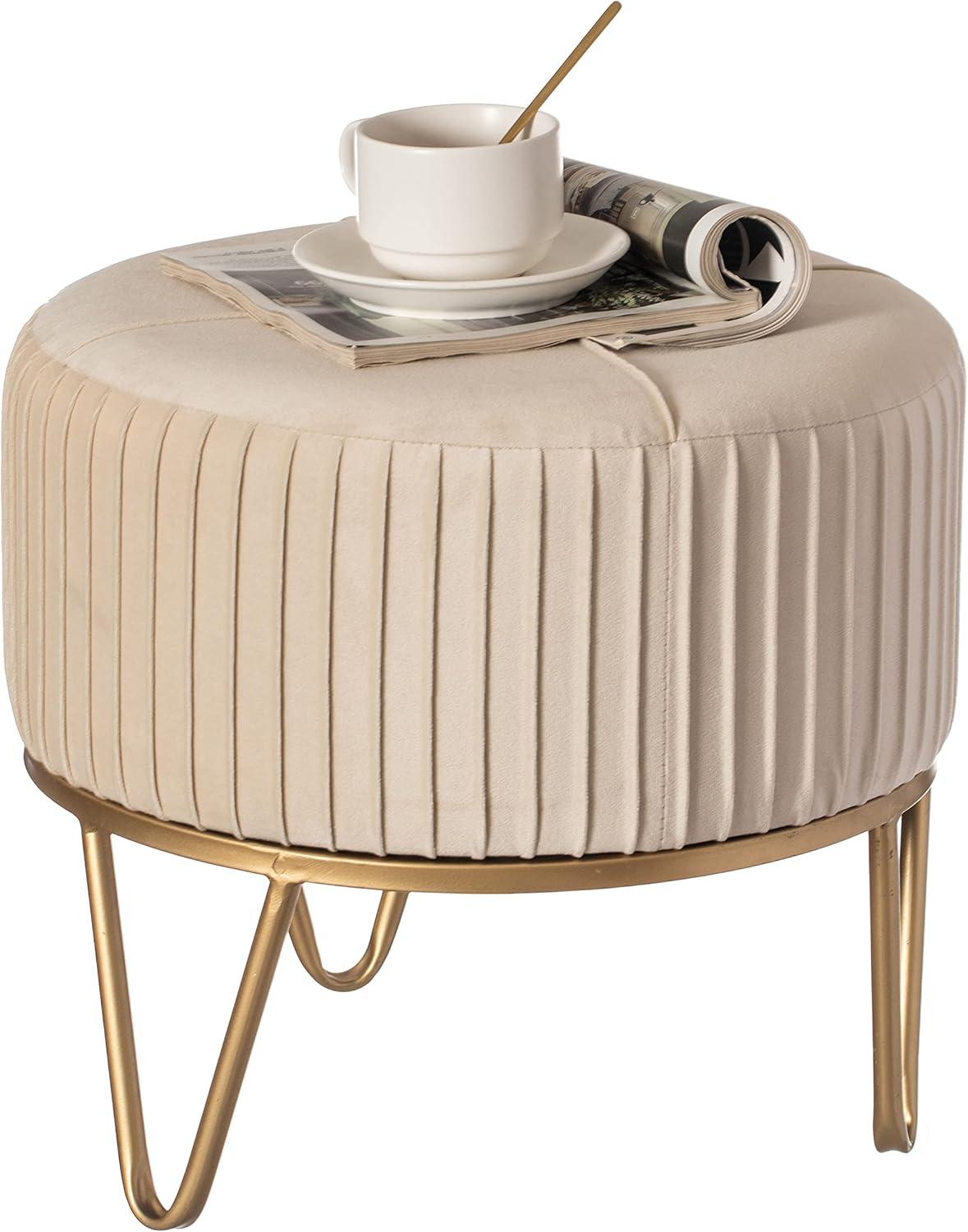 Fabulaxe Round Velvet Ottoman Stool Raised with Hairpin Gold Base, Cream, Small