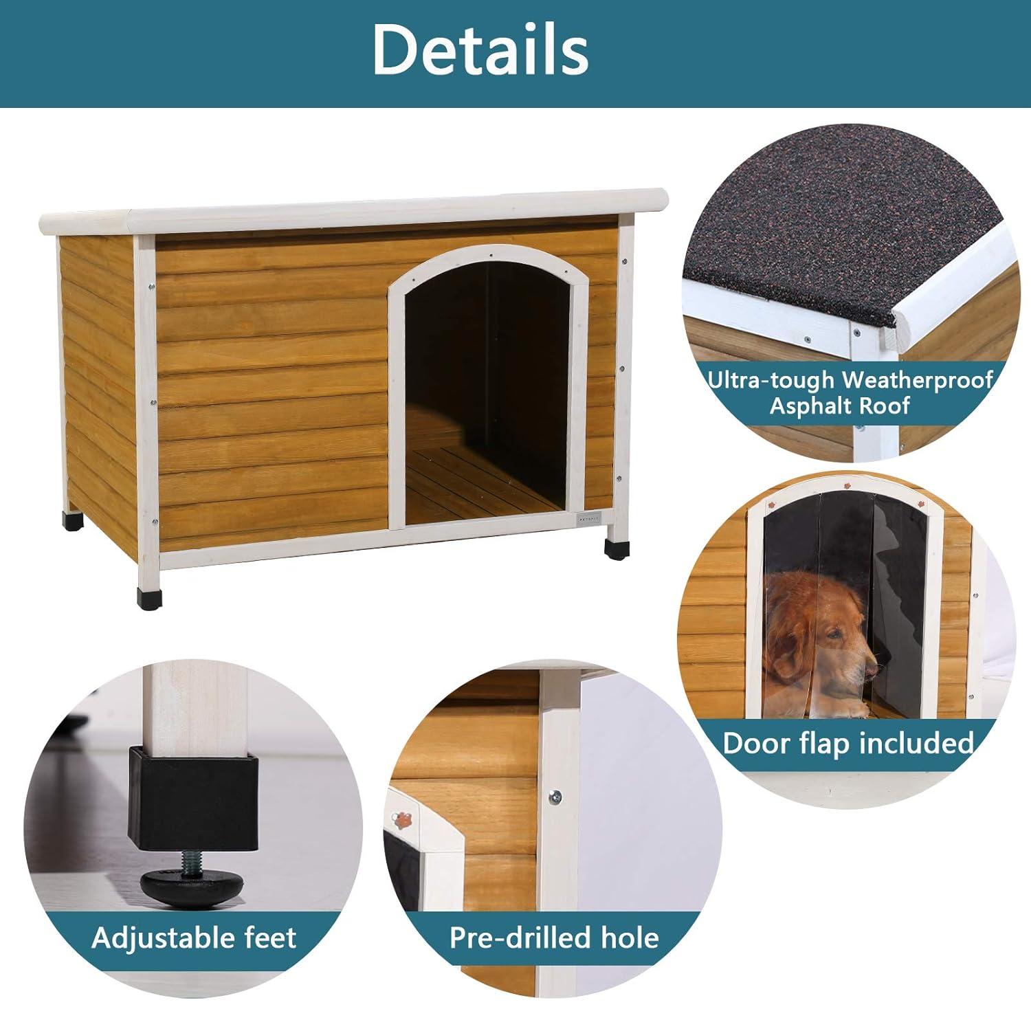 Petsfit Wooden Dog House for Medium to Large Dogs, Yellow and White, large/45.6" x 30.9" x 32.1"
