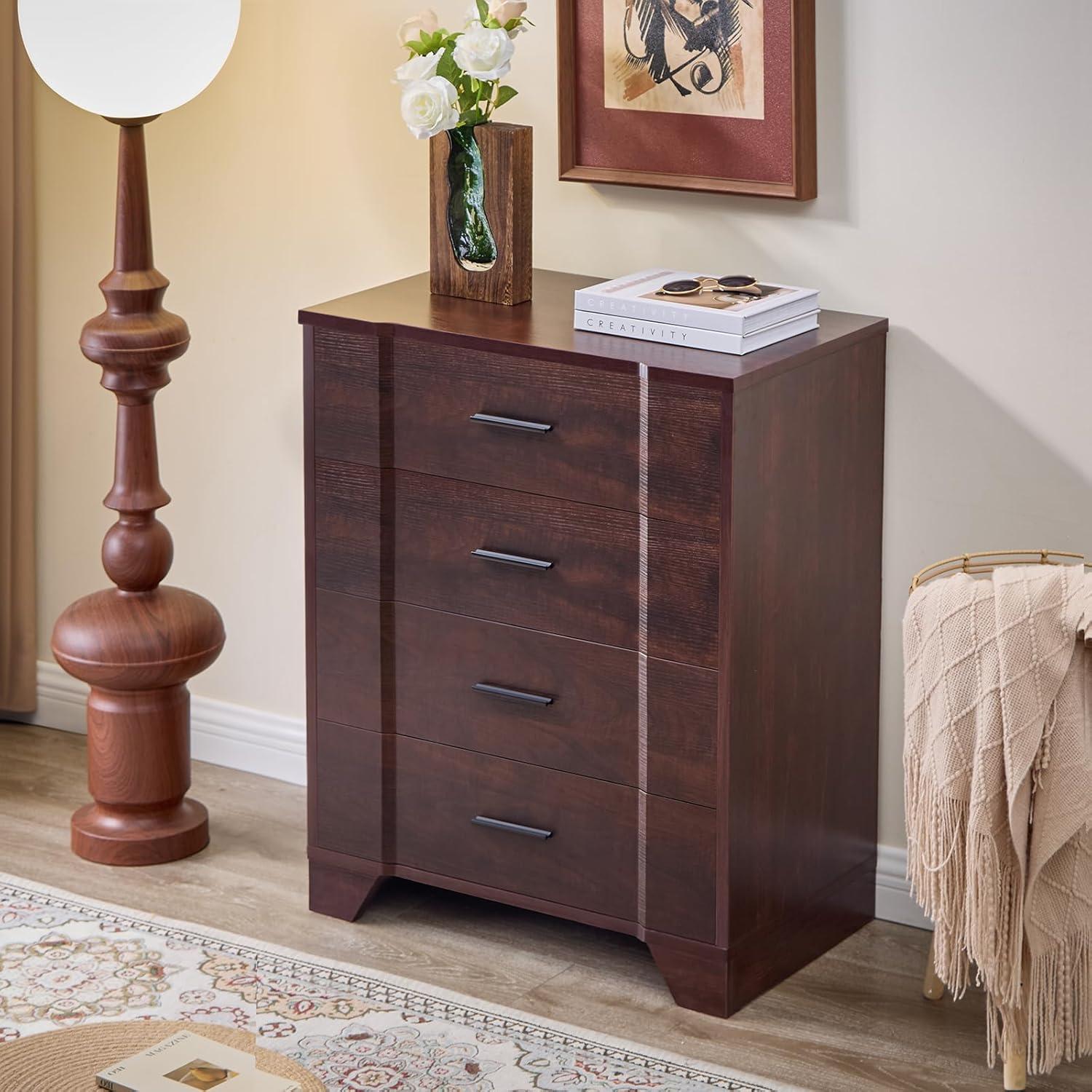 Ebern Designs Farmhouse Cherry Red Curved Tall 4 Drawers Dresser for Bedroom, 4 Chest of Drawers for Closet