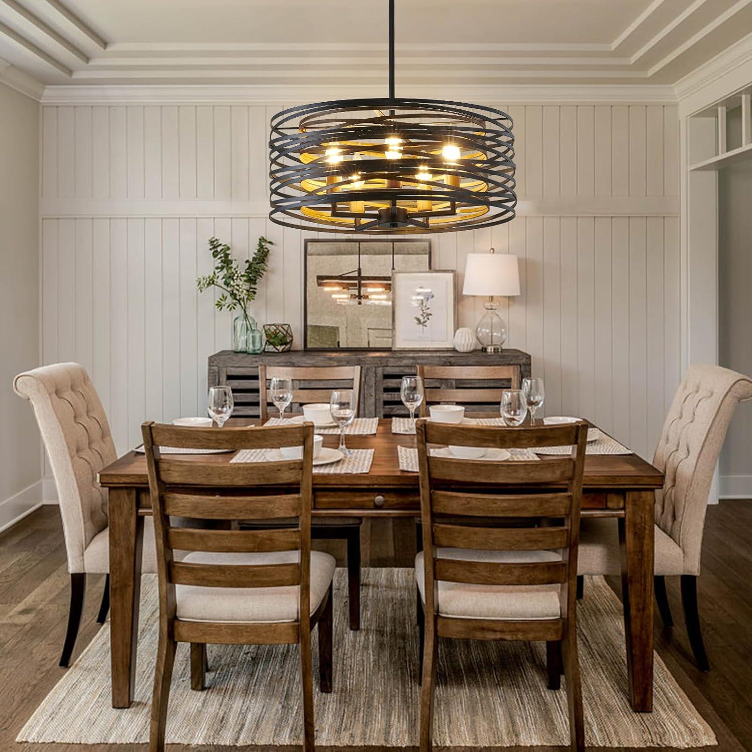 Dining Room Lighting Fixture, 5-Light Farmhouse Black Chandelier Drum Light, Round Metal with Retro Wood Texture Interior, E12 Bulbs Not Included
