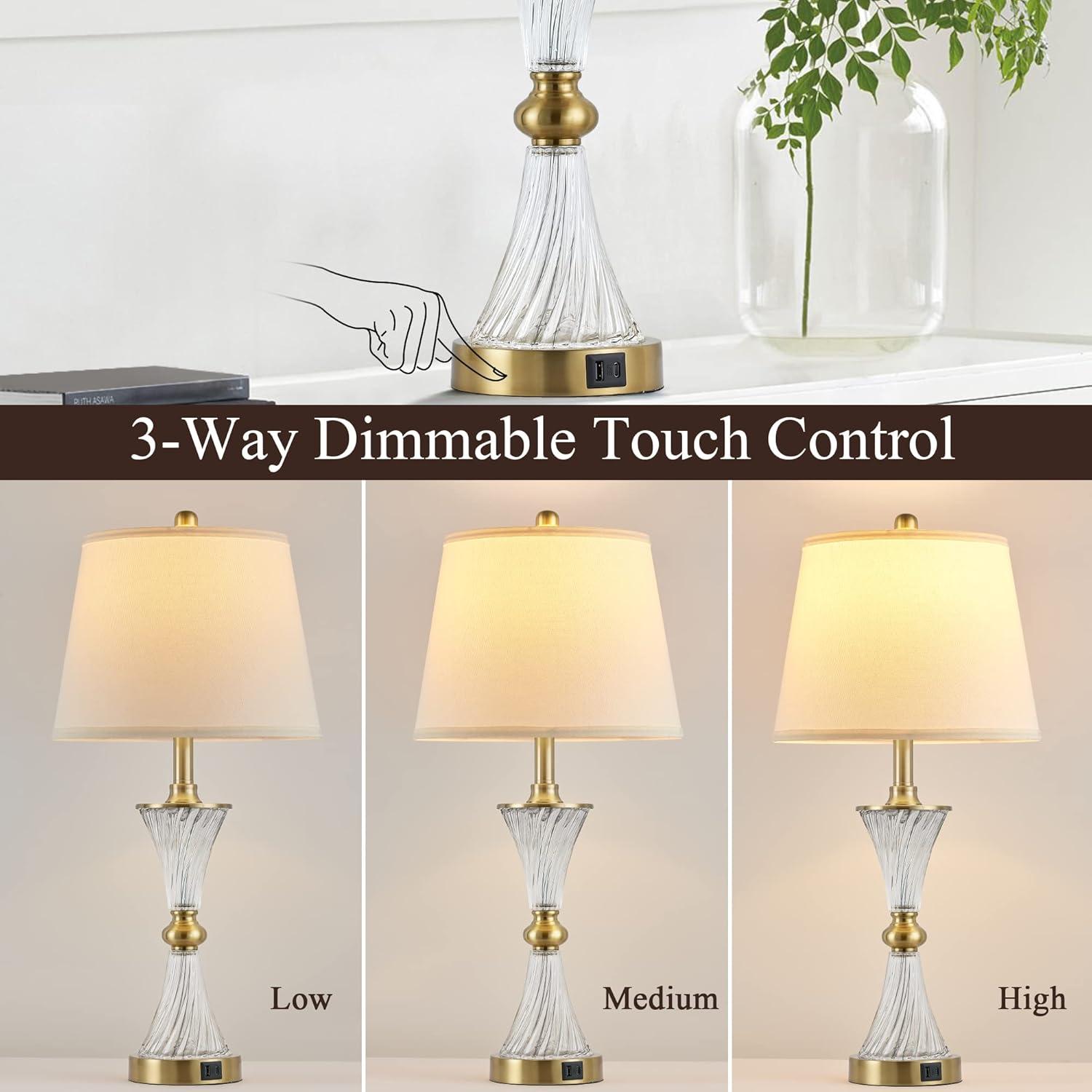 Touch Control Dimmable Table Lamps for Bedrooms, 3-Way Gold Crystal Bedside Lamp with USB Ports, Set of 2 Contemporary End Table Lamps with White Drum Shade for Living Room Reading, LED Bulbs Included