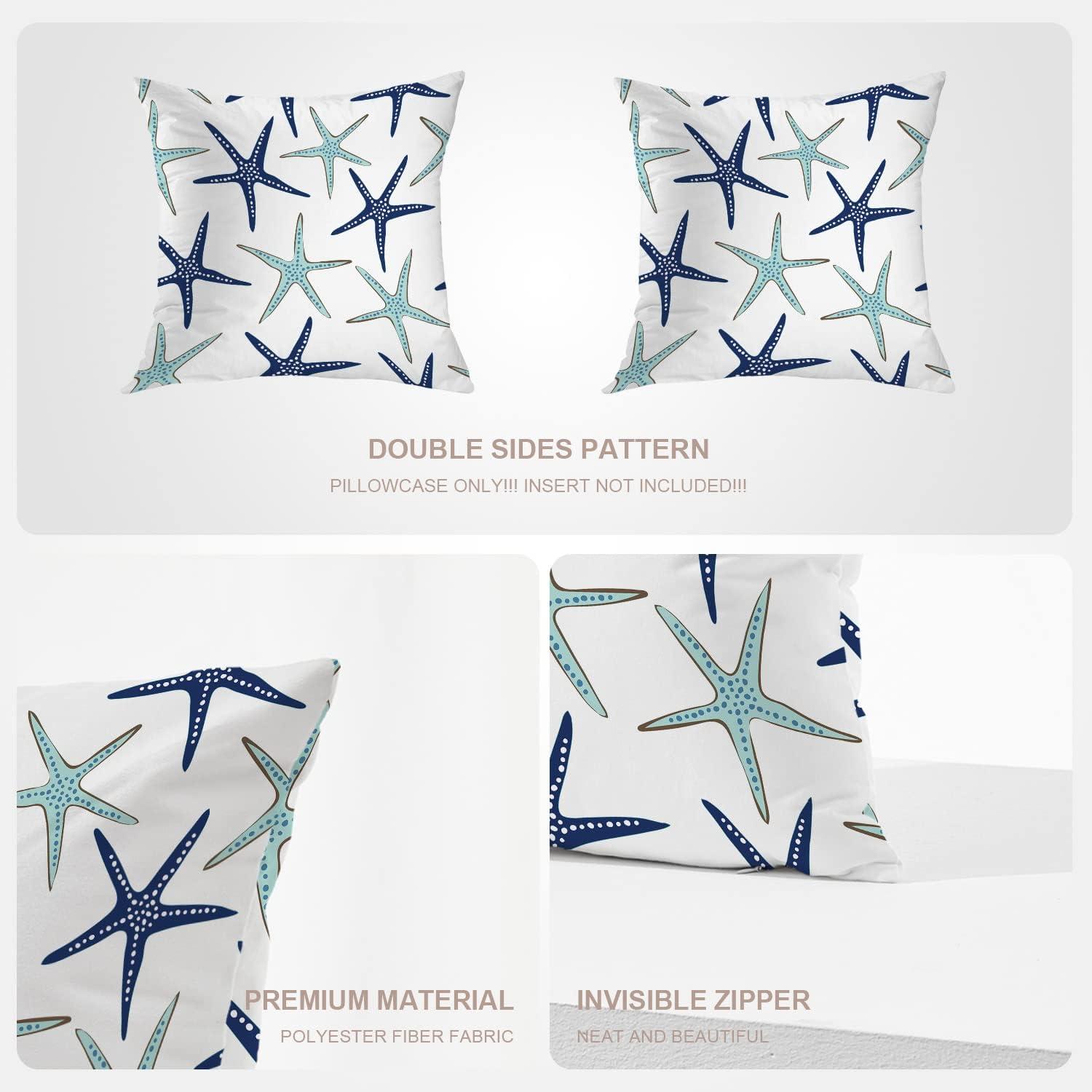 Sky Blue Nautical Starfish Throw Pillow Covers,Beachy Coastal White Navy Sea Star Cushion Cover Digital Blended Hidden Zipperl Decorative Pillowcases for Hair Skin Square 18X18 in 2 Pcs
