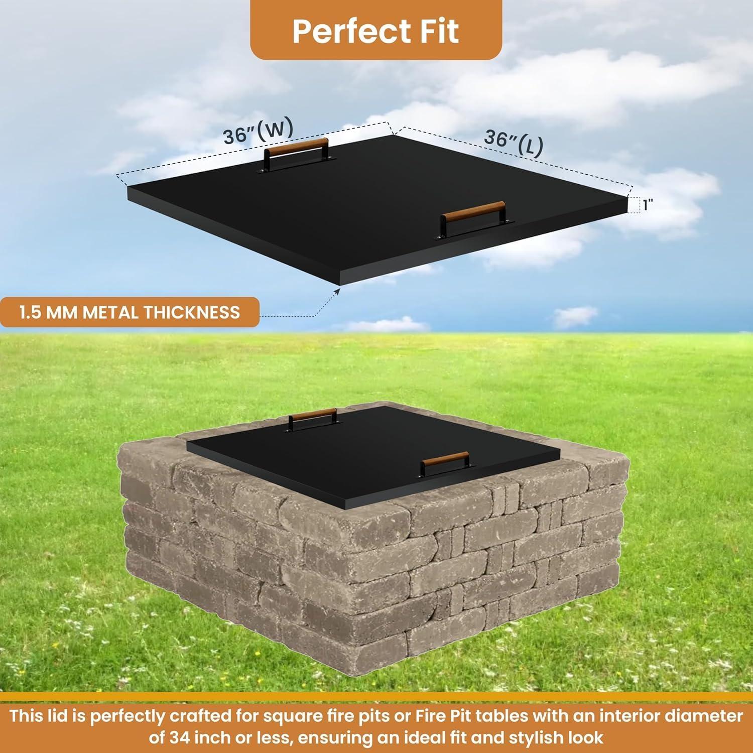 FEBTECH Fire Pit Snuffer Lid - Fire Pit Lid Square 34X34 Fire Pit Cover Square, Rust Resistant Firepit Lid,Carbon Steel Fire Pit Table Lid Square, Compatible For Firepit & Firepit Table Inside Dia Up To 32".