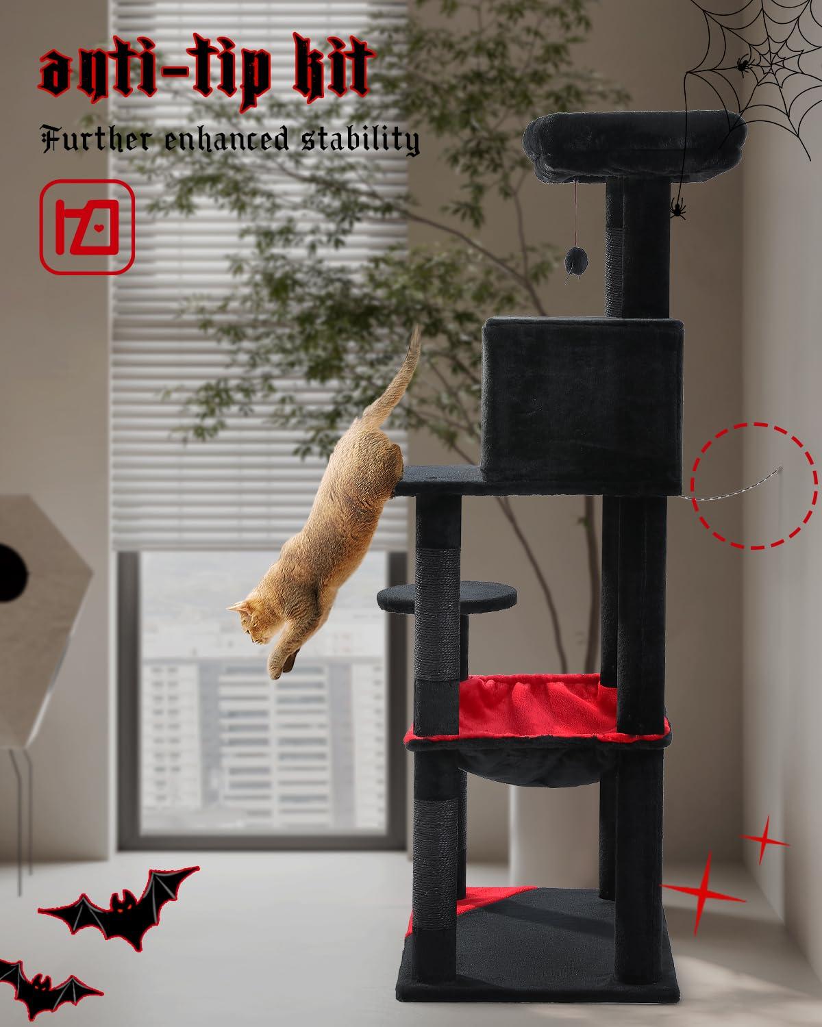Gothic Cat Tree With Super Large Hammock, Cat Tower With Coffin Bed, Cat Condo, Sisal Scratching Posts & Top Perch, Multi-Level Goth Cat Tree, Halloween