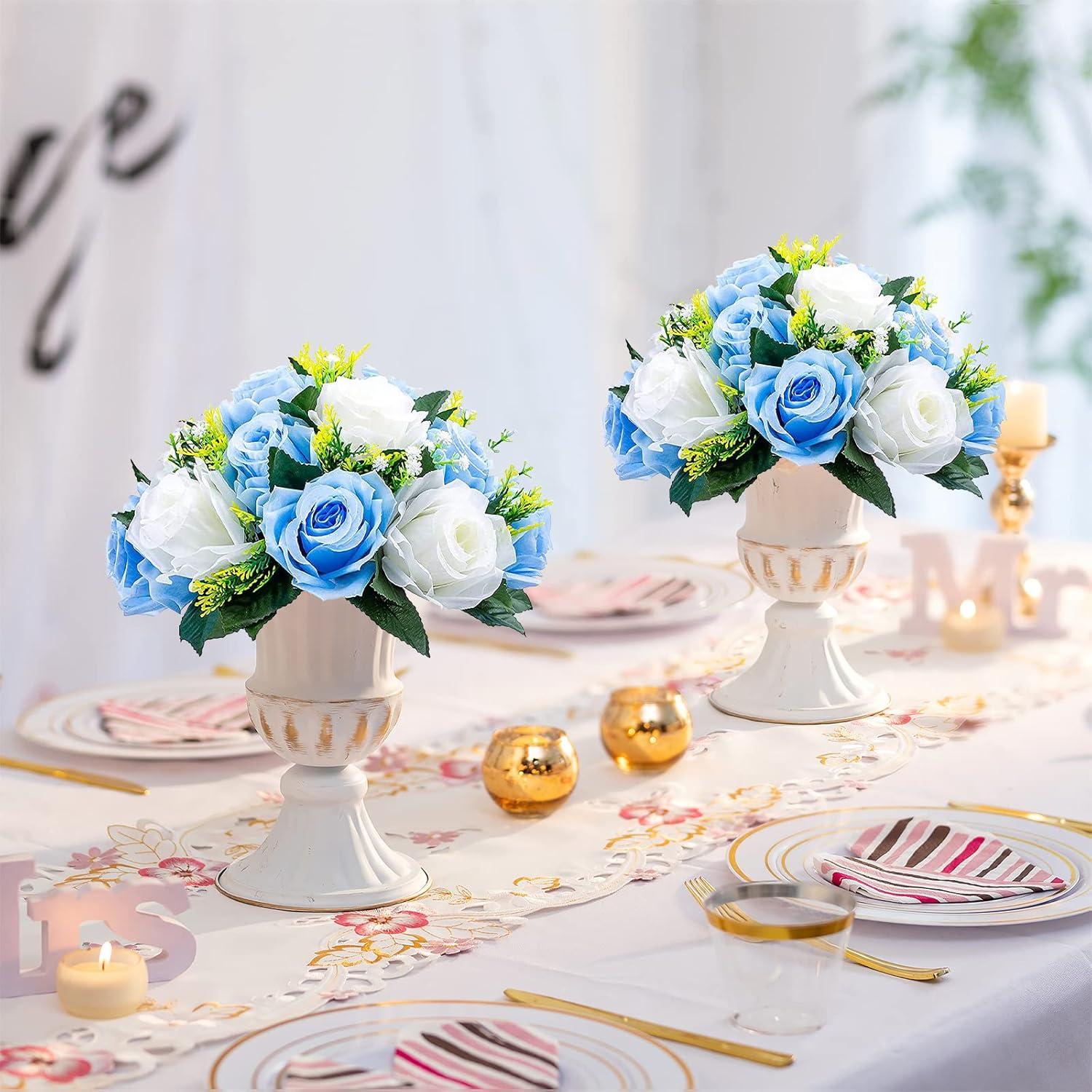 Nuptio Set of 2 Blue&White Artificial Flower Kissing ball, 15 Heads Fake Peony Silk Rose Flowers Bouquet for Centerpiece Wedding Birthday Party Home Table Decor