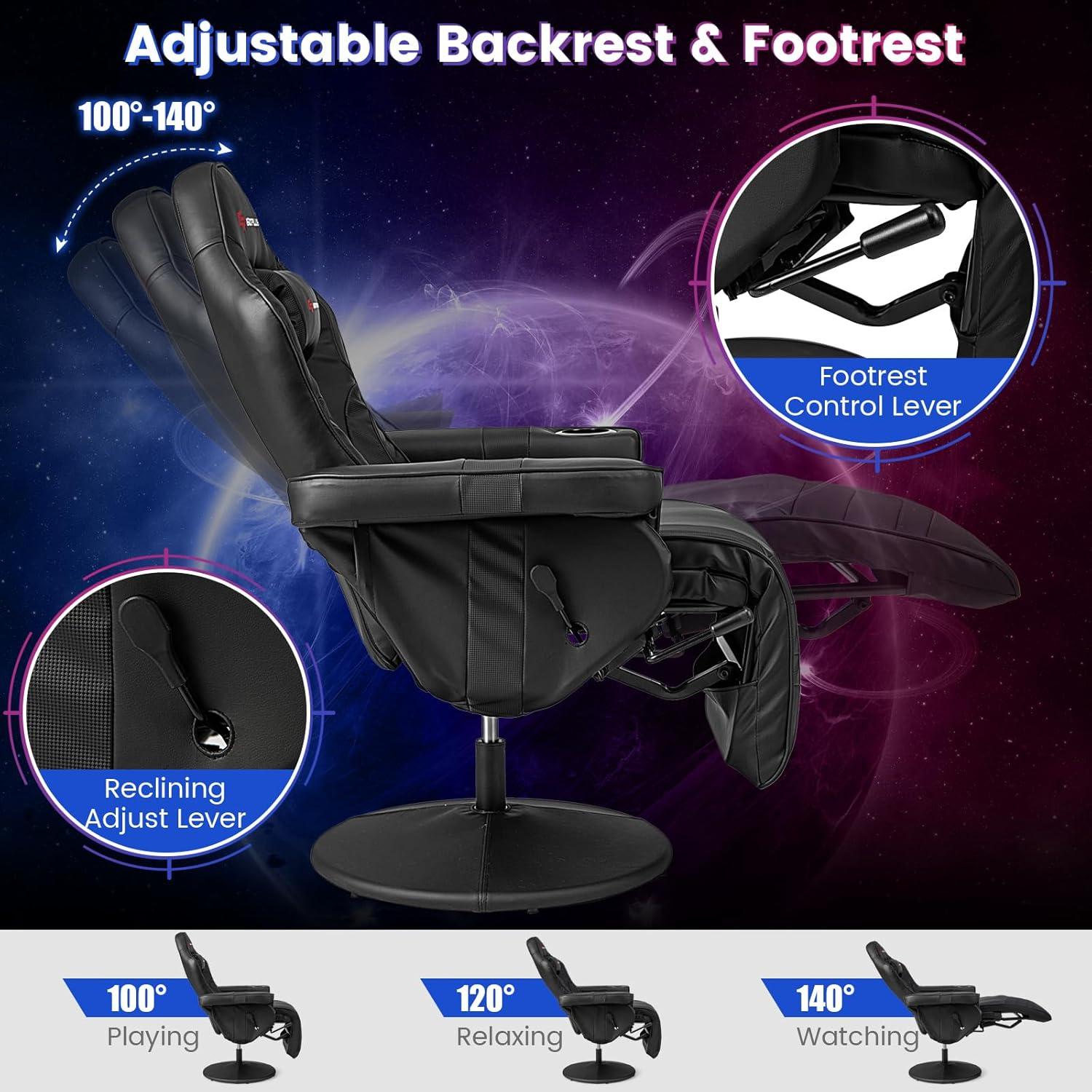 POWERSTONE Gaming Recliner Massage Gaming Chair with Footrest Ergonomic PU Leather Single Sofa with Cup Holder Headrest and Side Pouch, Adjustable Living Room Chair Seating, Black