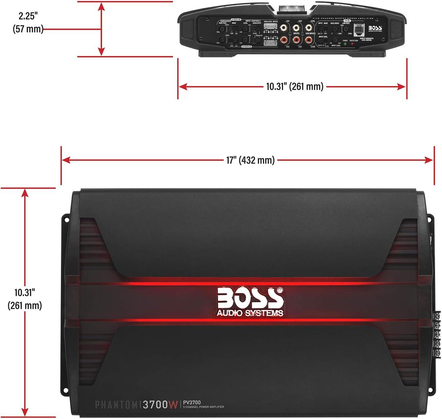 BOSS Audio Systems PV3700 Phantom Series 5 Channel Class A/B Car Amplifier – 3700 High Output, 2-8 Ohm Stable, Low/High Level Inputs, High/Low Pass Crossover, MOSFET, Hook up to Subwoofer for Bass