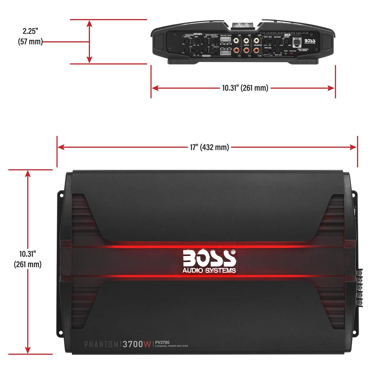 BOSS Audio Systems PV3700 Phantom Series 5 Channel Class A/B Car Amplifier – 3700 High Output, 2-8 Ohm Stable, Low/High Level Inputs, High/Low Pass Crossover, MOSFET, Hook up to Subwoofer for Bass